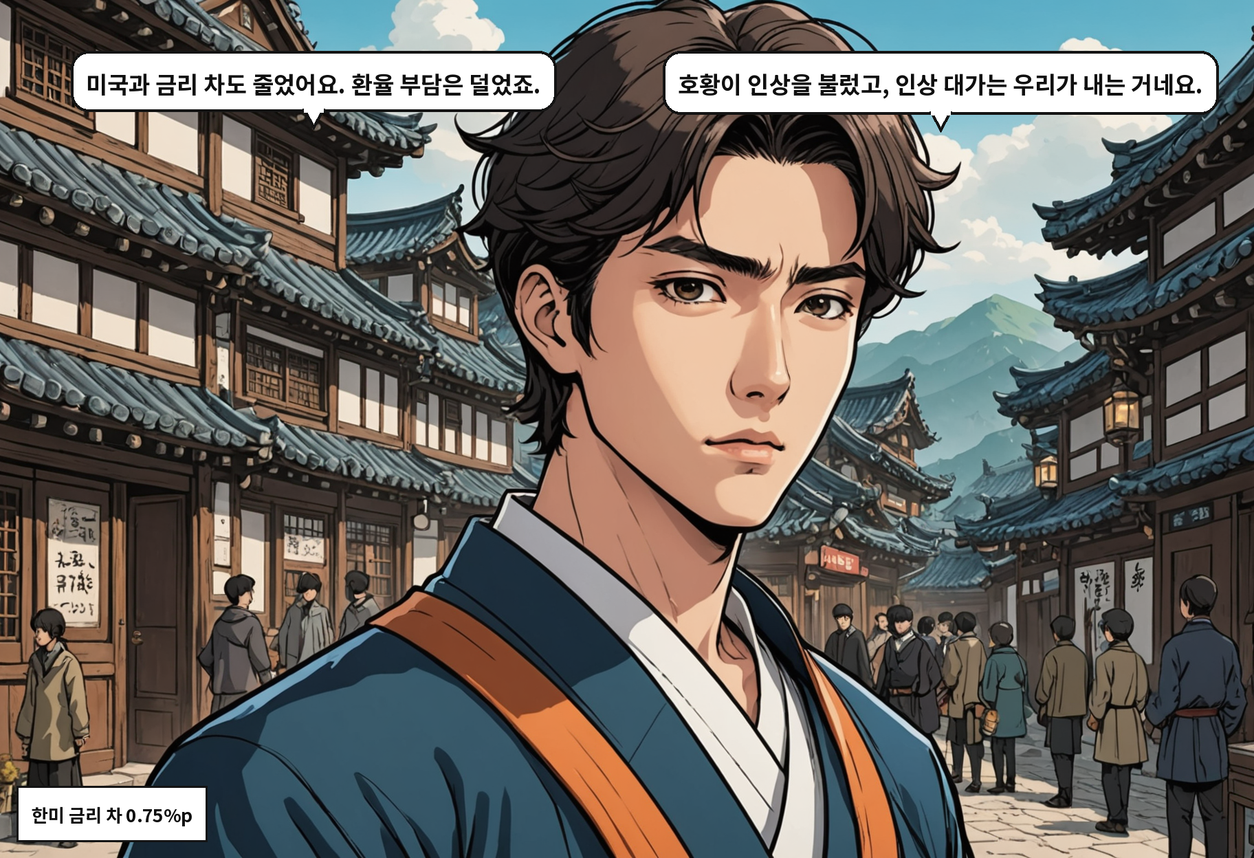 A: 미국과 금리 차도 줄었어요. 환율 부담은 덜었죠. B: 호황이 인상을 불렀고, 인상 대가는 우리가 내는 거네요.