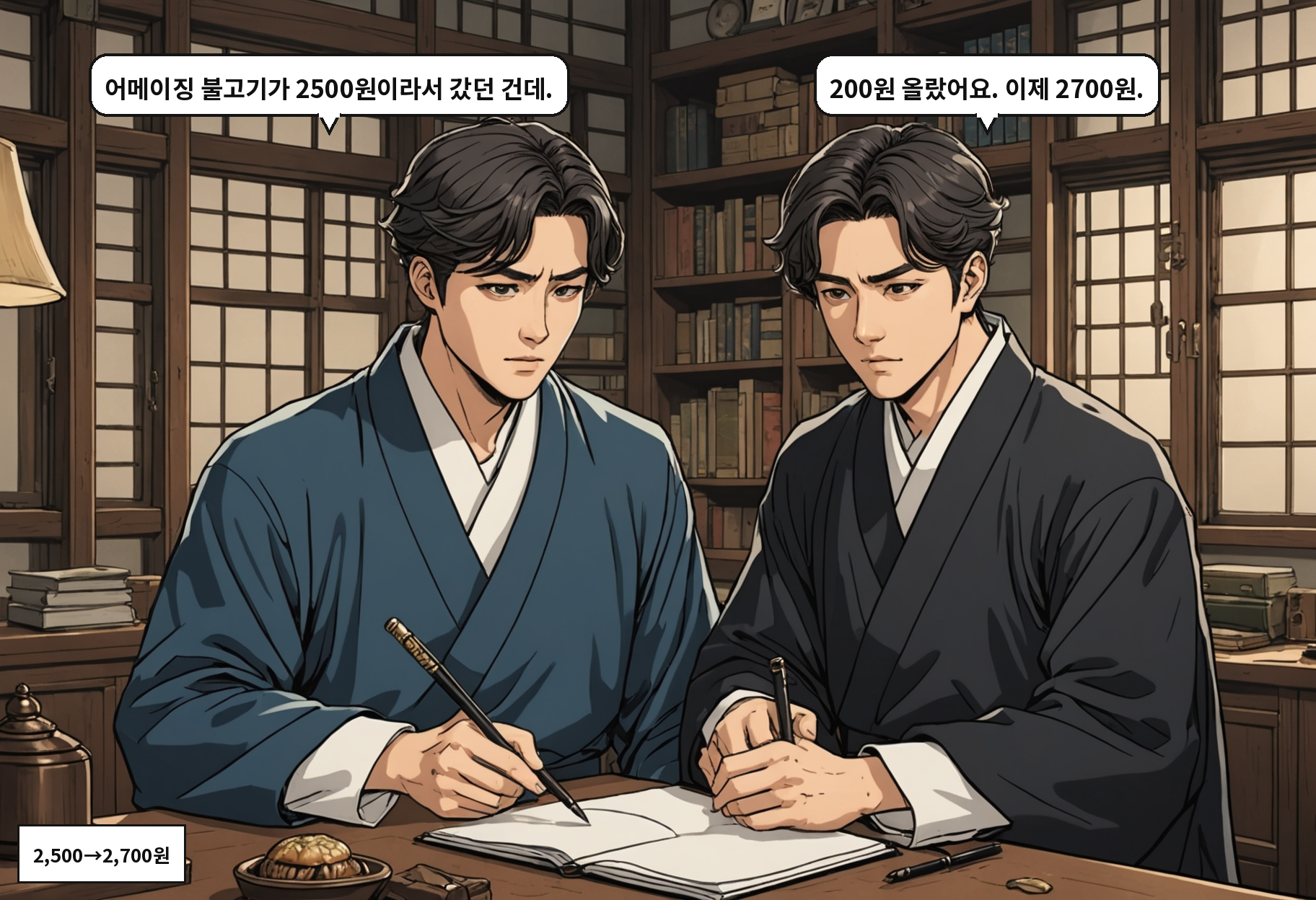 A: 어메이징 불고기가 2500원이라서 갔던 건데. B: 200원 올랐어요. 이제 2700원.