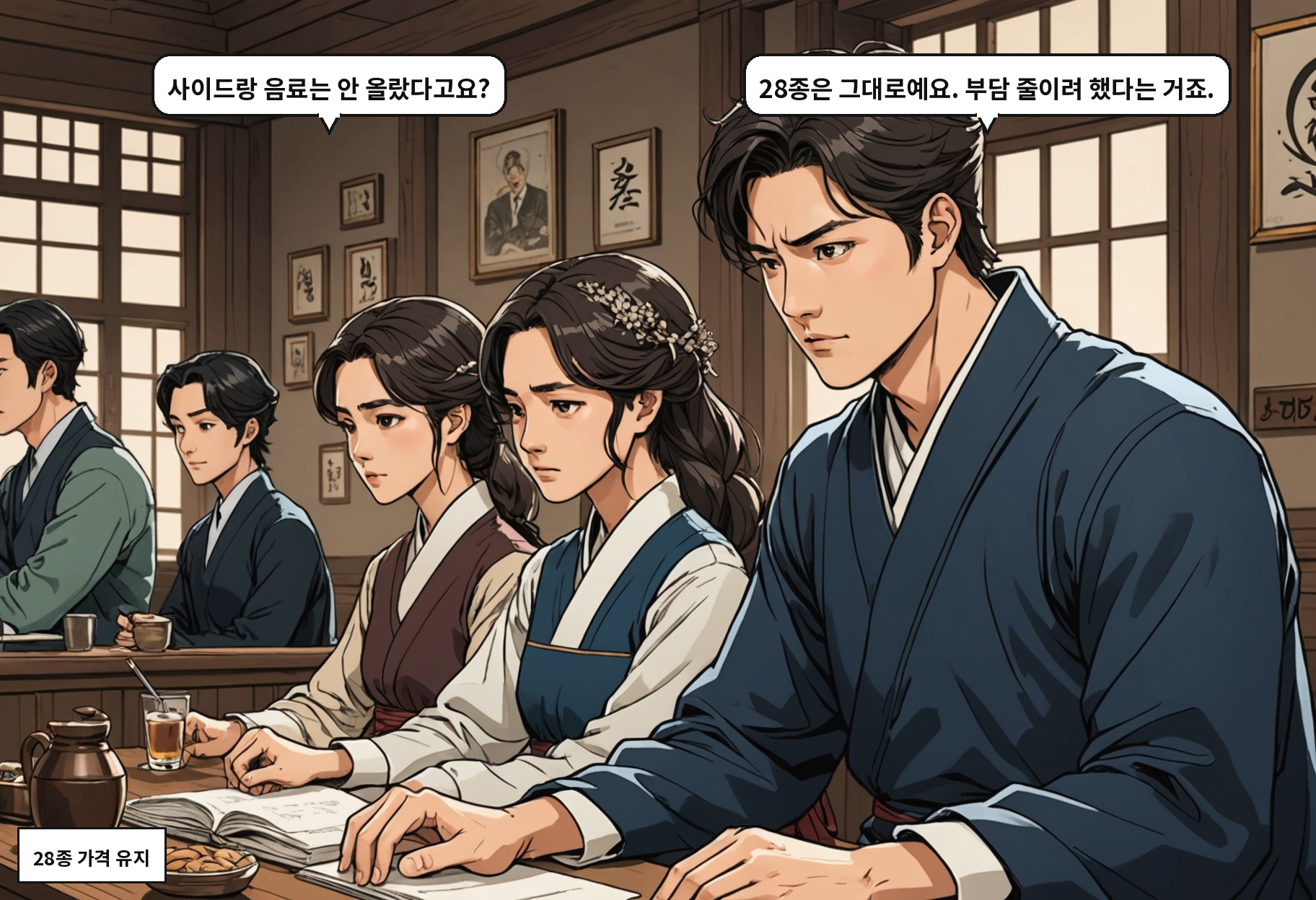 A: 사이드랑 음료는 안 올랐다고요? B: 28종은 그대로예요. 부담 줄이려 했다는 거죠.