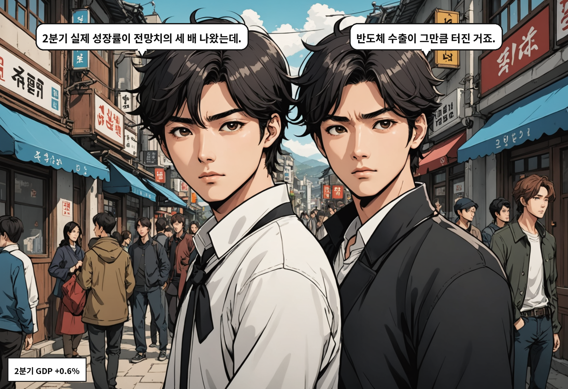 A: 2분기 실제 성장률이 전망치의 세 배 나왔는데. B: 반도체 수출이 그만큼 터진 거죠.