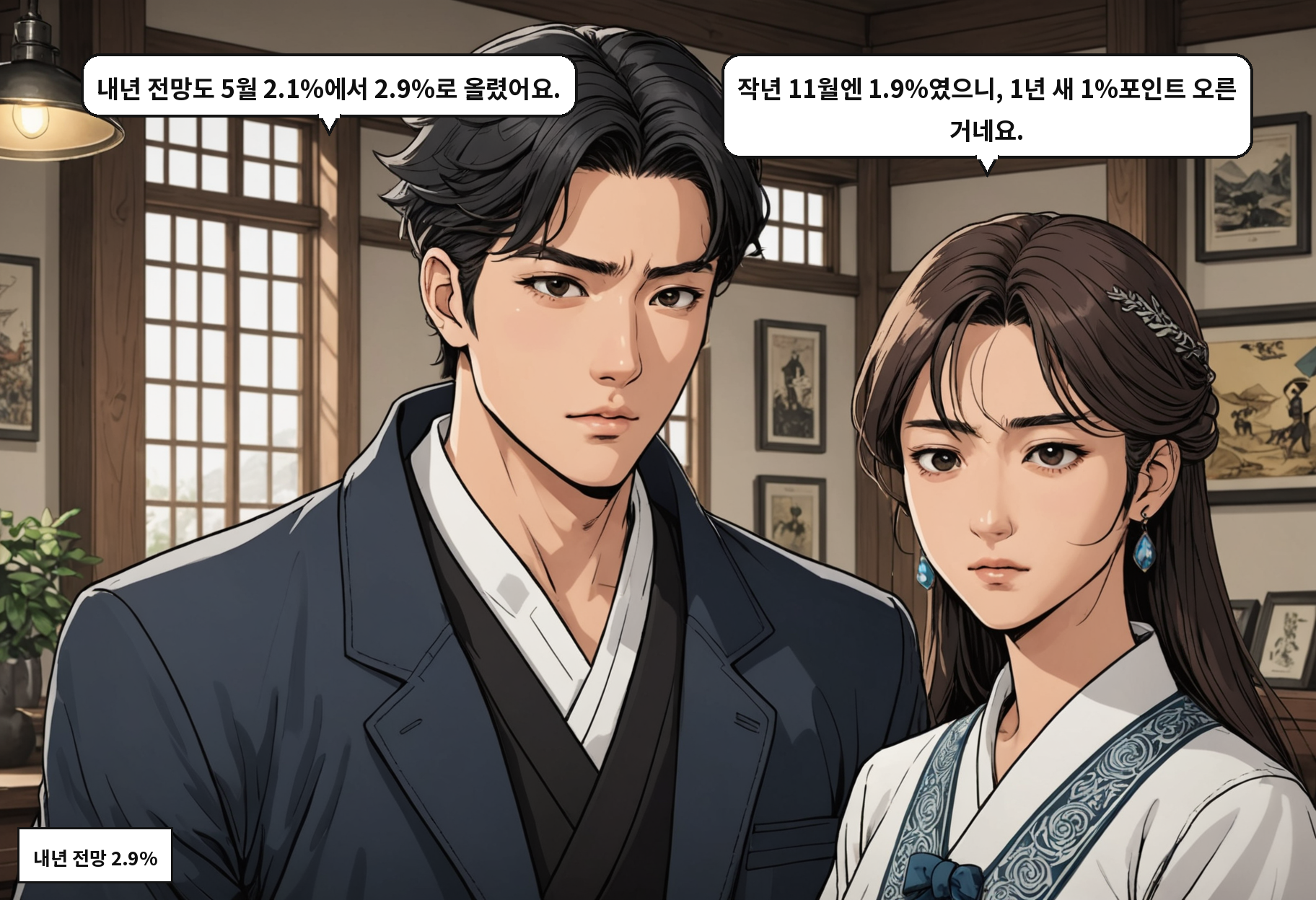 B: 내년 전망도 5월 2.1%에서 2.9%로 올렸어요. A: 작년 11월엔 1.9%였으니, 1년 새 1%포인트 오른 거네요.