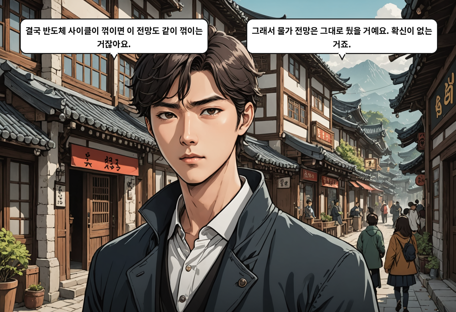 A: 결국 반도체 사이클이 꺾이면 이 전망도 같이 꺾이는 거잖아요. B: 그래서 물가 전망은 그대로 뒀을 거예요. 확신이 없는 거죠.