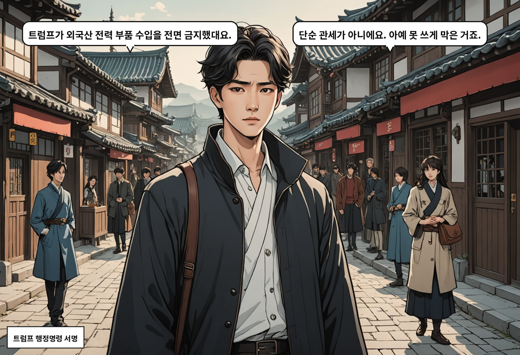 B: 트럼프가 외국산 전력 부품 수입을 전면 금지했대요. A: 단순 관세가 아니에요. 아예 못 쓰게 막은 거죠.