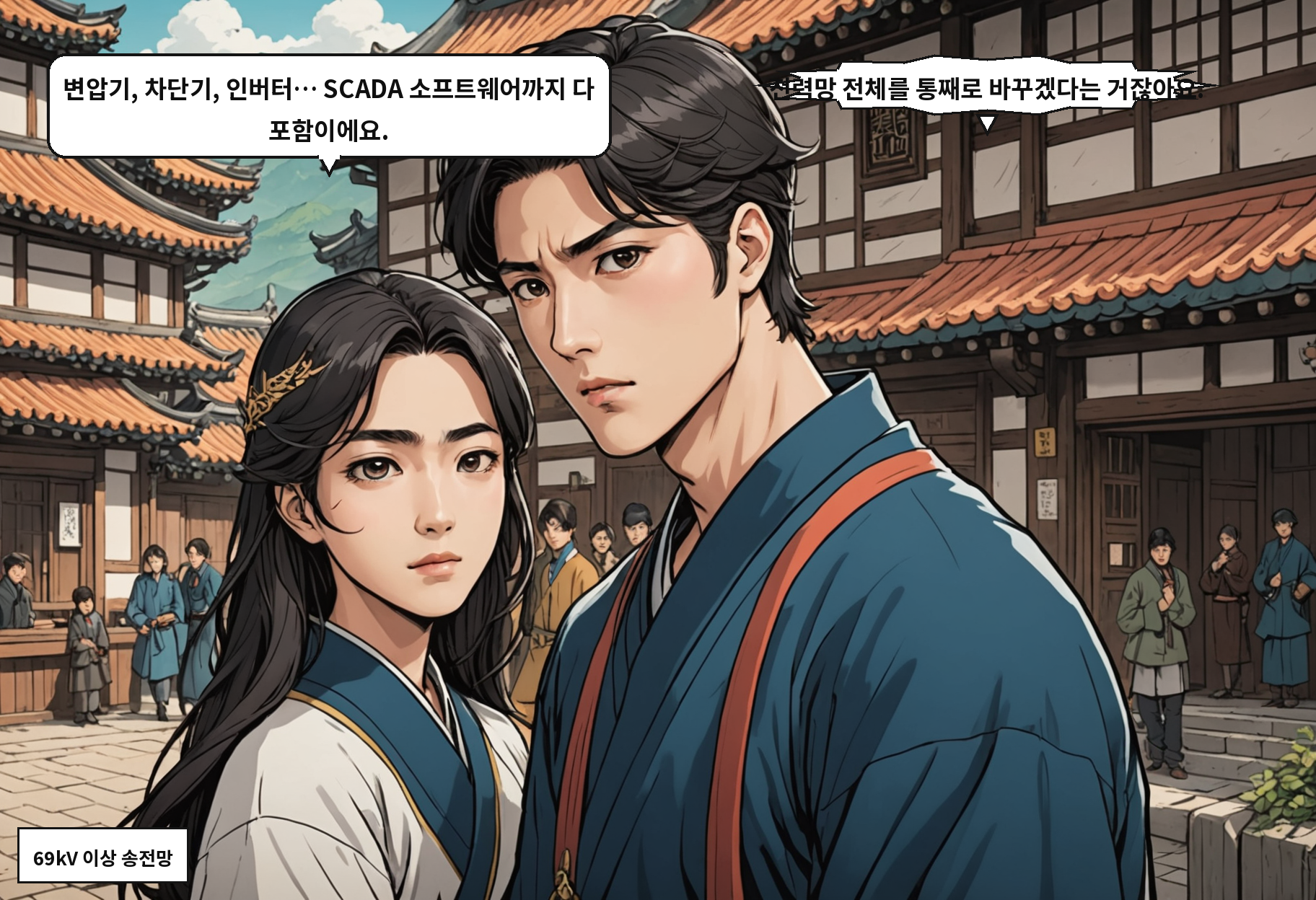 A: 변압기, 차단기, 인버터… SCADA 소프트웨어까지 다 포함이에요. B: 전력망 전체를 통째로 바꾸겠다는 거잖아요.