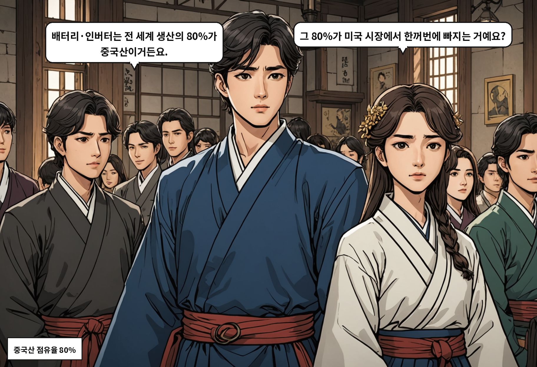 A: 배터리·인버터는 전 세계 생산의 80%가 중국산이거든요. B: 그 80%가 미국 시장에서 한꺼번에 빠지는 거예요?