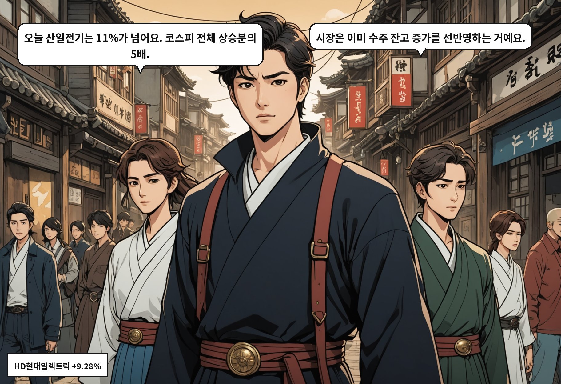 B: 오늘 산일전기는 11%가 넘어요. 코스피 전체 상승분의 5배. A: 시장은 이미 수주 잔고 증가를 선반영하는 거예요.