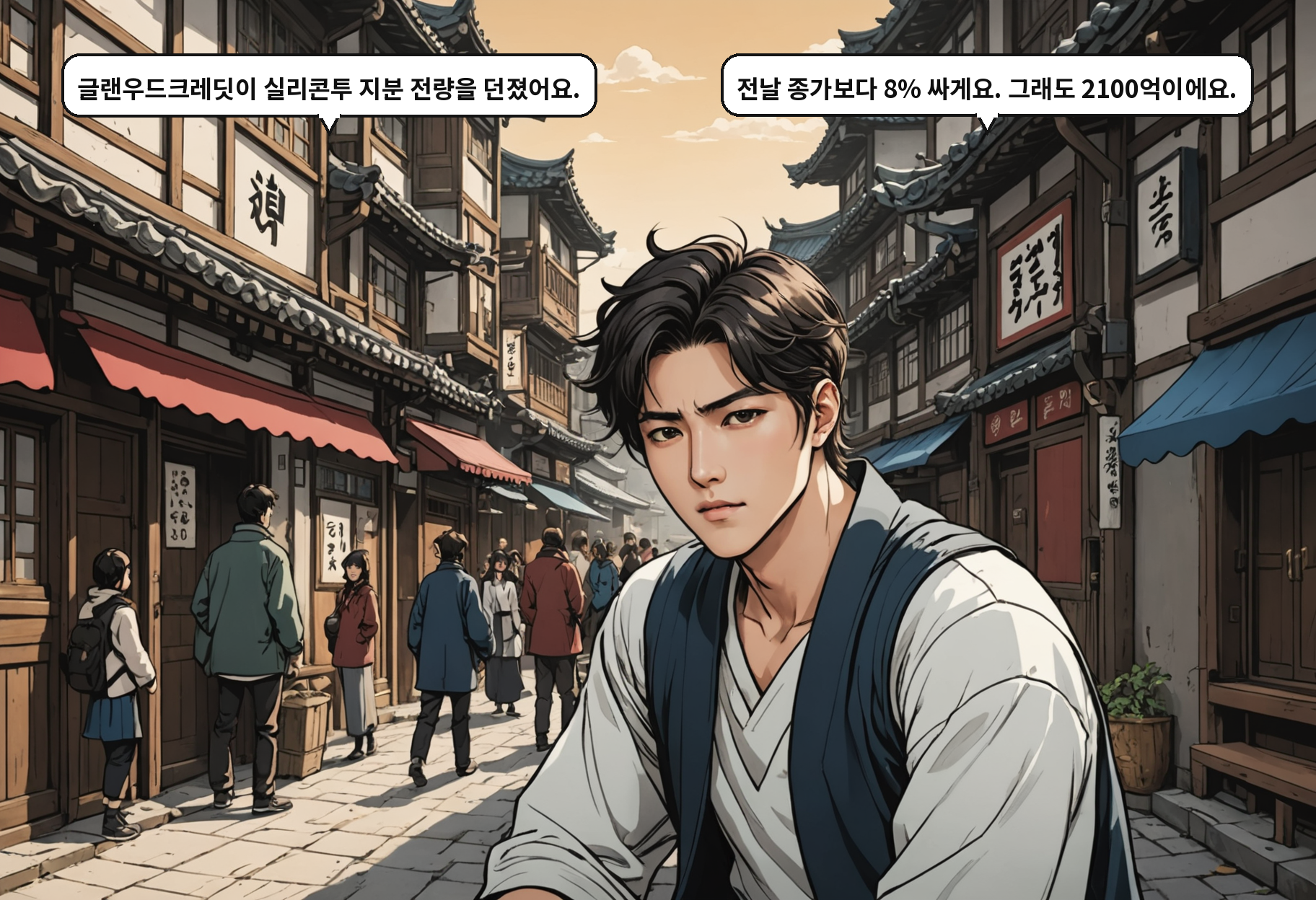 B: 글랜우드크레딧이 실리콘투 지분 전량을 던졌어요. A: 전날 종가보다 8% 싸게요. 그래도 2100억이에요.