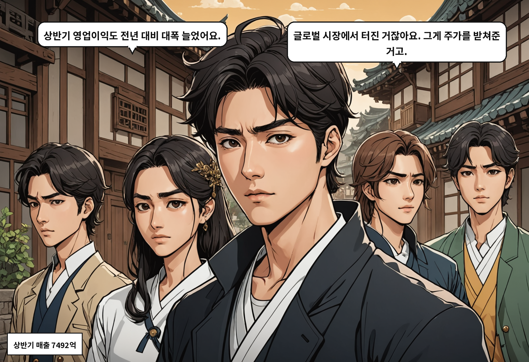 B: 상반기 영업이익도 전년 대비 대폭 늘었어요. A: 글로벌 시장에서 터진 거잖아요. 그게 주가를 받쳐준 거고.