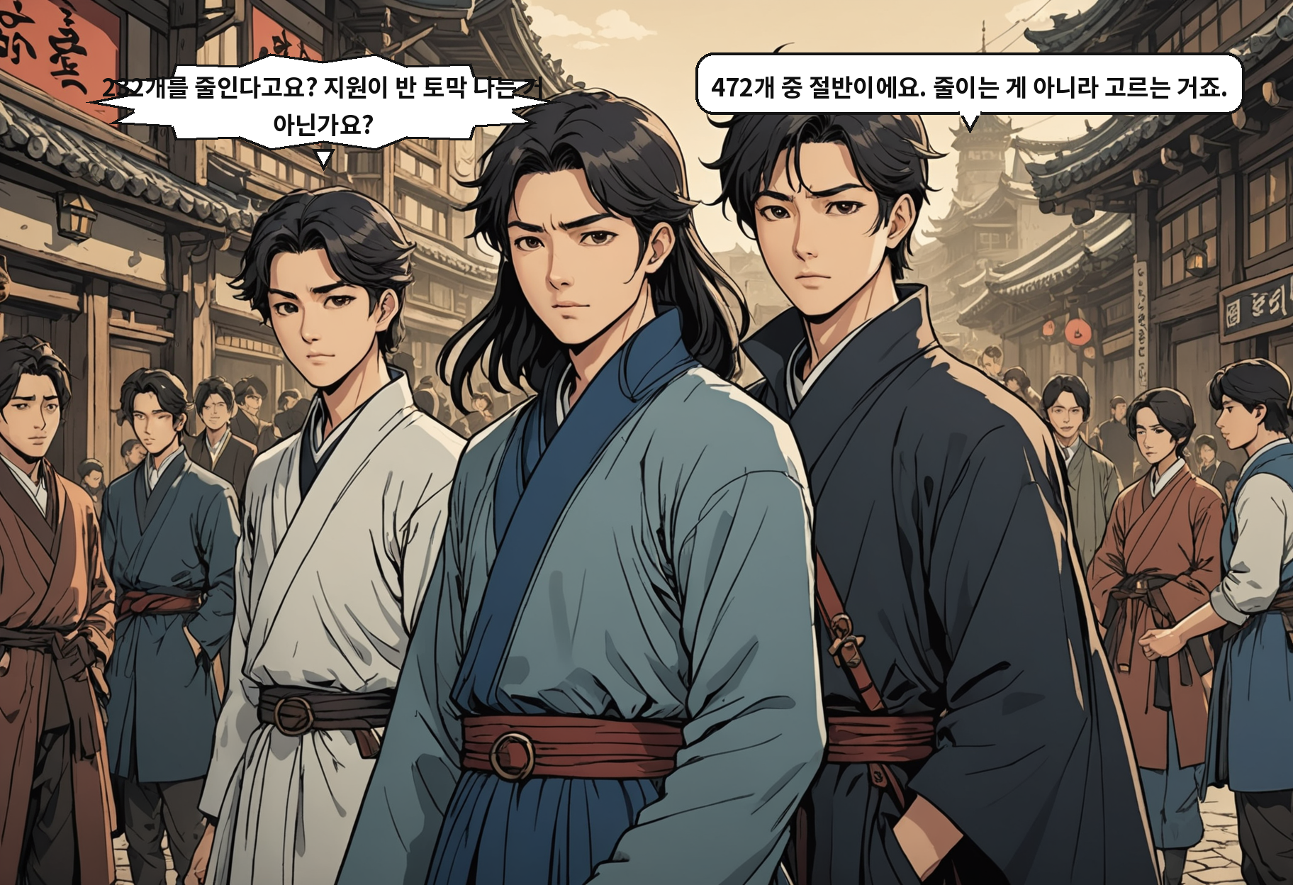 A: 232개를 줄인다고요? 지원이 반 토막 나는 거 아닌가요? B: 472개 중 절반이에요. 줄이는 게 아니라 고르는 거죠.