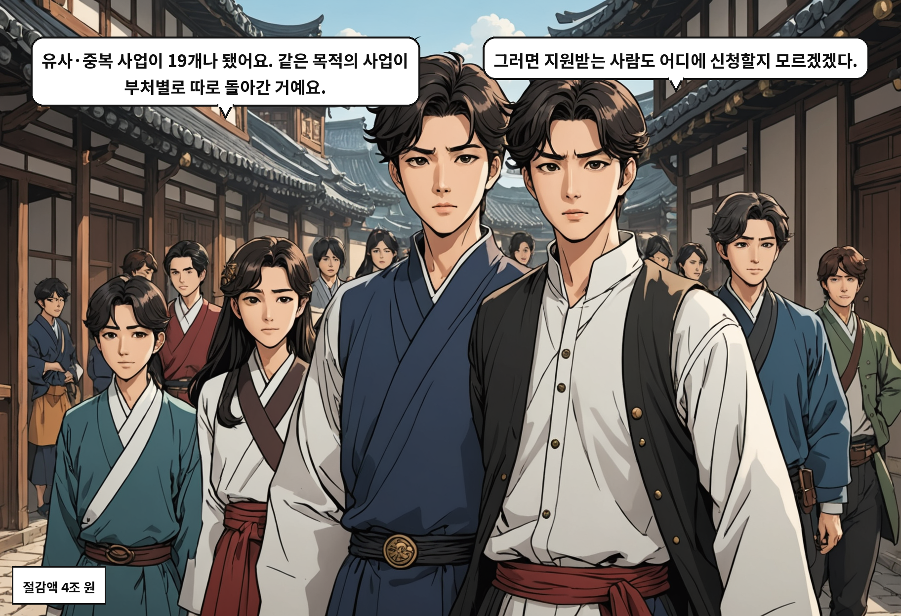 B: 유사·중복 사업이 19개나 됐어요. 같은 목적의 사업이 부처별로 따로 돌아간 거예요. A: 그러면 지원받는 사람도 어디에 신청할지 모르겠겠다.