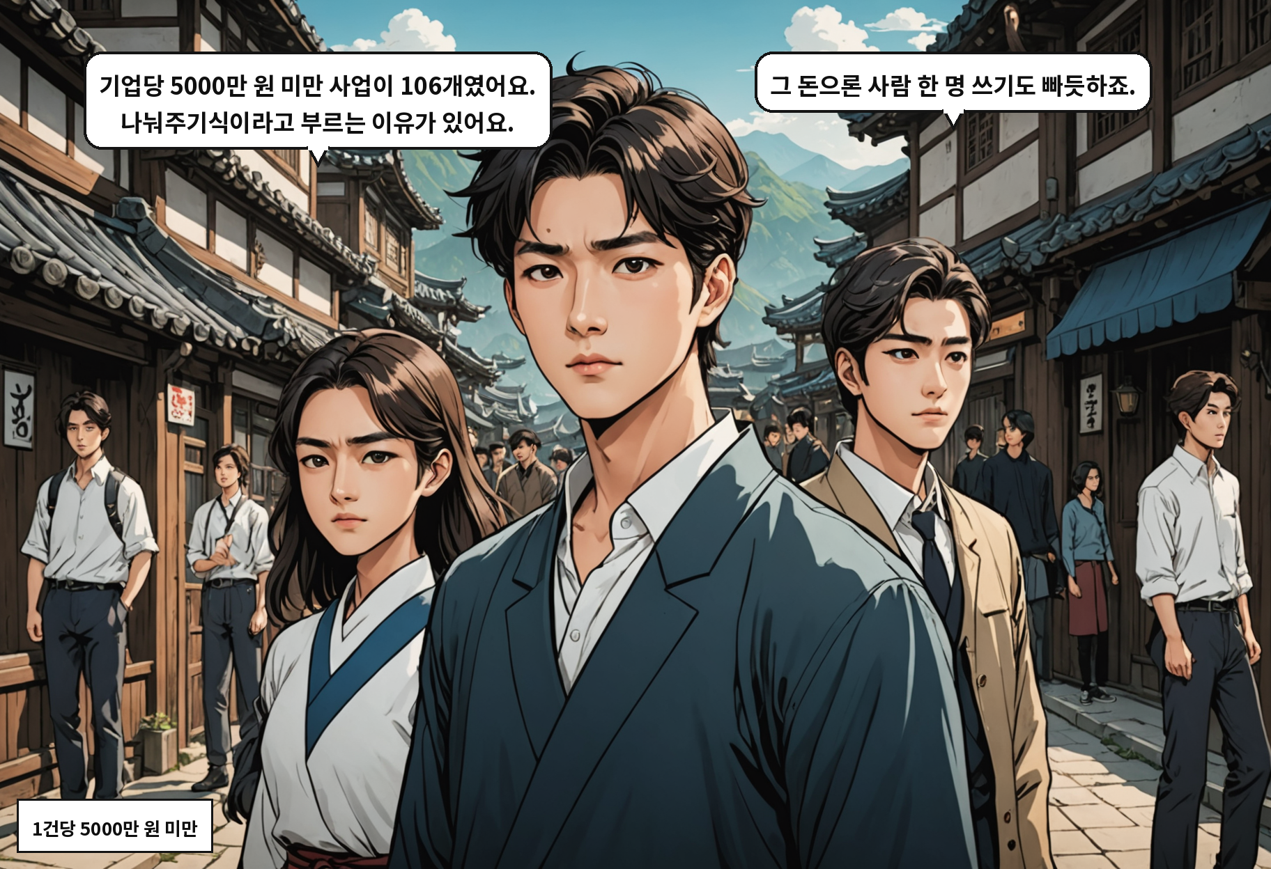B: 기업당 5000만 원 미만 사업이 106개였어요. 나눠주기식이라고 부르는 이유가 있어요. A: 그 돈으론 사람 한 명 쓰기도 빠듯하죠.