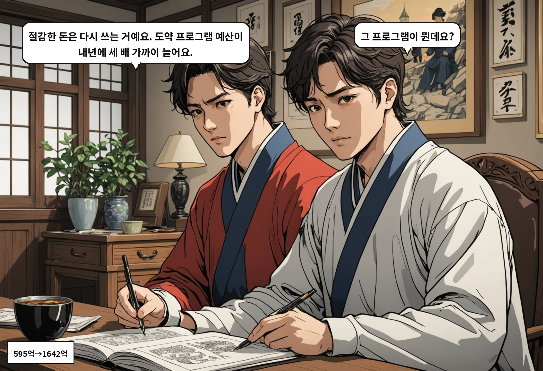 B: 절감한 돈은 다시 쓰는 거예요. 도약 프로그램 예산이 내년에 세 배 가까이 늘어요. A: 그 프로그램이 뭔데요?