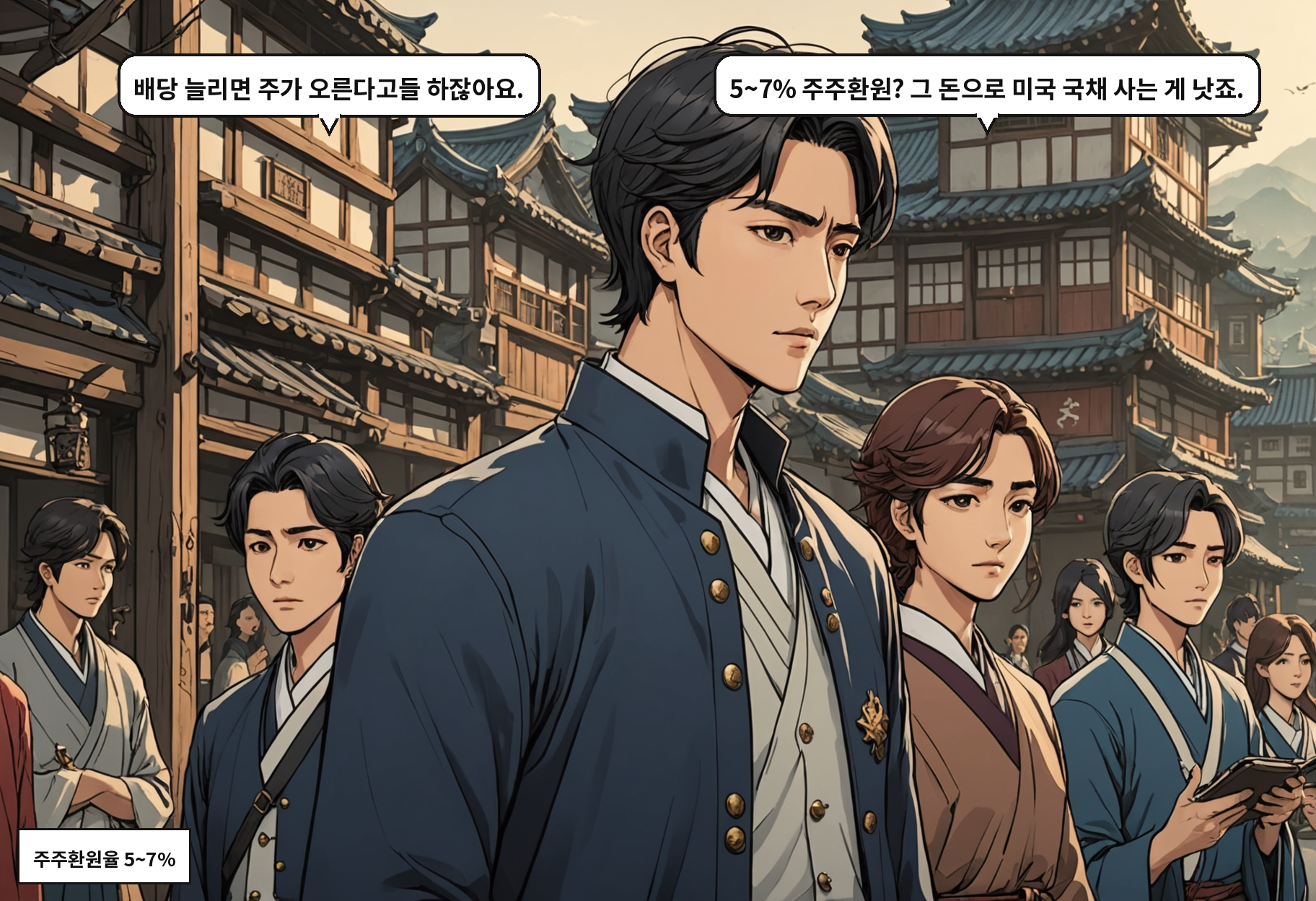 A: 배당 늘리면 주가 오른다고들 하잖아요. B: 5~7% 주주환원? 그 돈으로 미국 국채 사는 게 낫죠.
