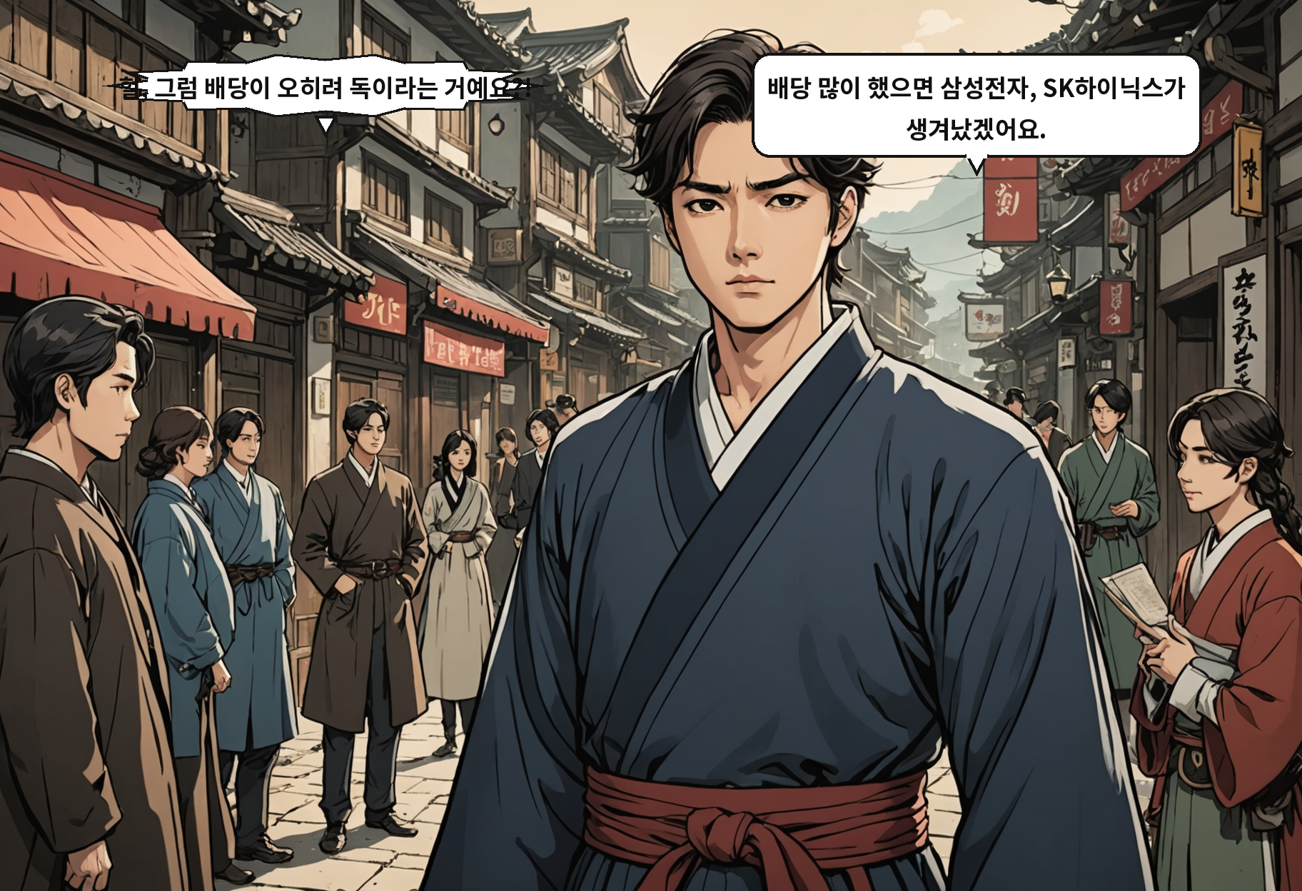 A: 헐, 그럼 배당이 오히려 독이라는 거예요?! B: 배당 많이 했으면 삼성전자, SK하이닉스가 생겨났겠어요.