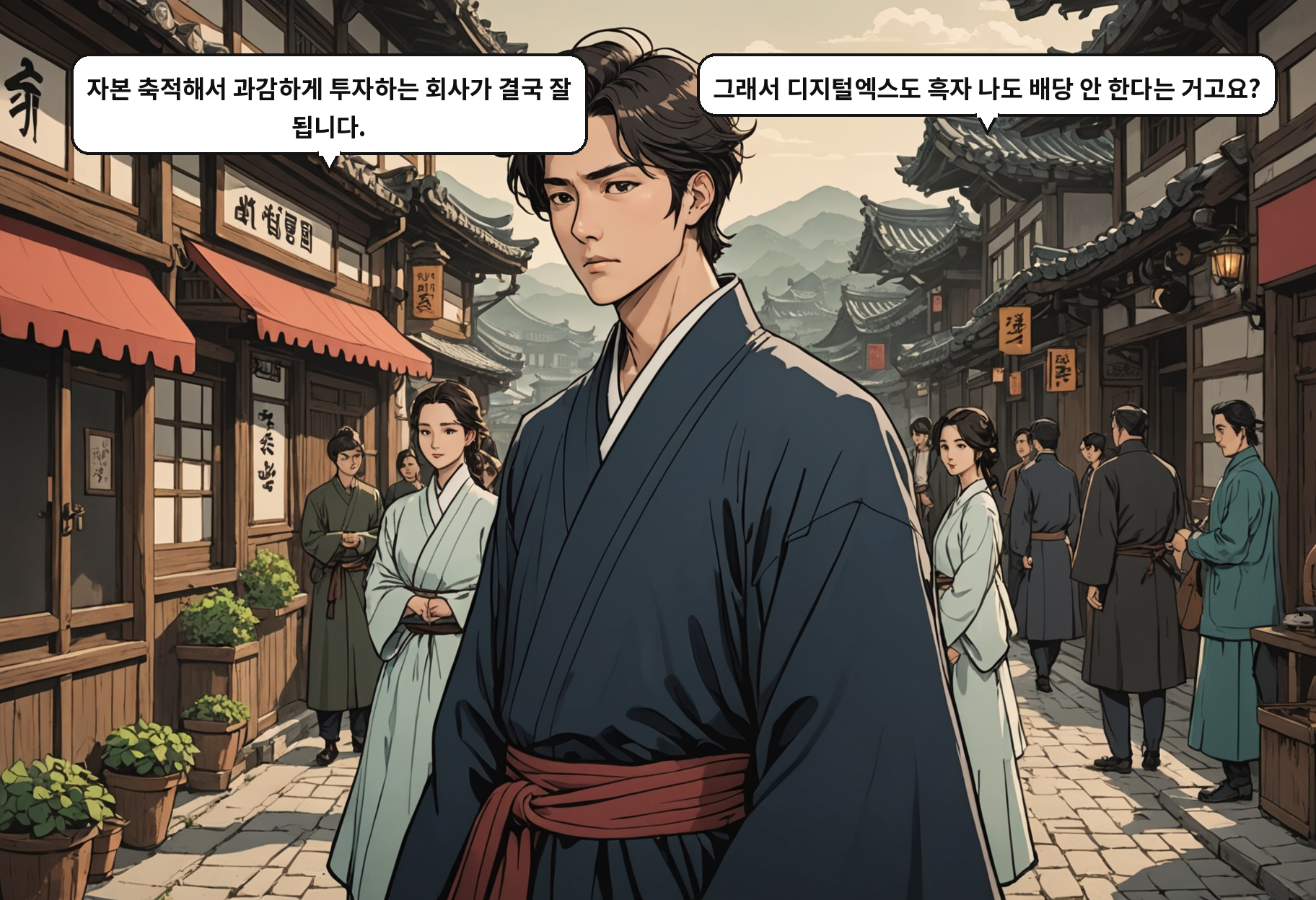 B: 자본 축적해서 과감하게 투자하는 회사가 결국 잘 됩니다. A: 그래서 디지털엑스도 흑자 나도 배당 안 한다는 거고요?