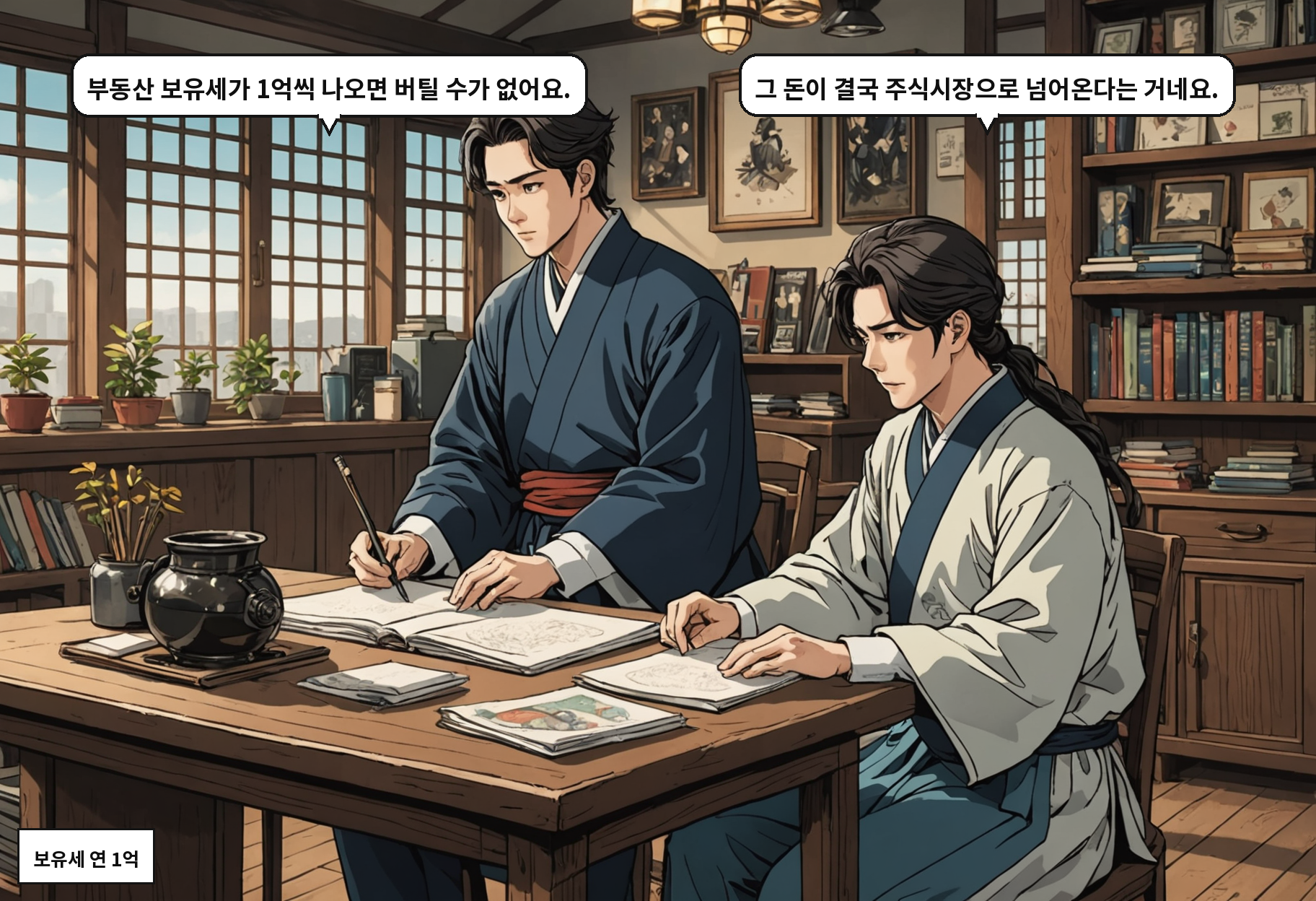 B: 부동산 보유세가 1억씩 나오면 버틸 수가 없어요. A: 그 돈이 결국 주식시장으로 넘어온다는 거네요.