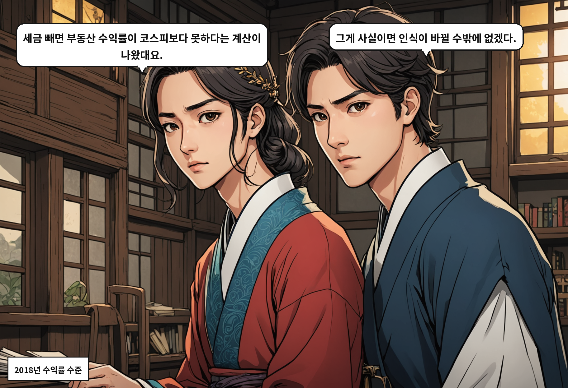 B: 세금 빼면 부동산 수익률이 코스피보다 못하다는 계산이 나왔대요. A: 그게 사실이면 인식이 바뀔 수밖에 없겠다.