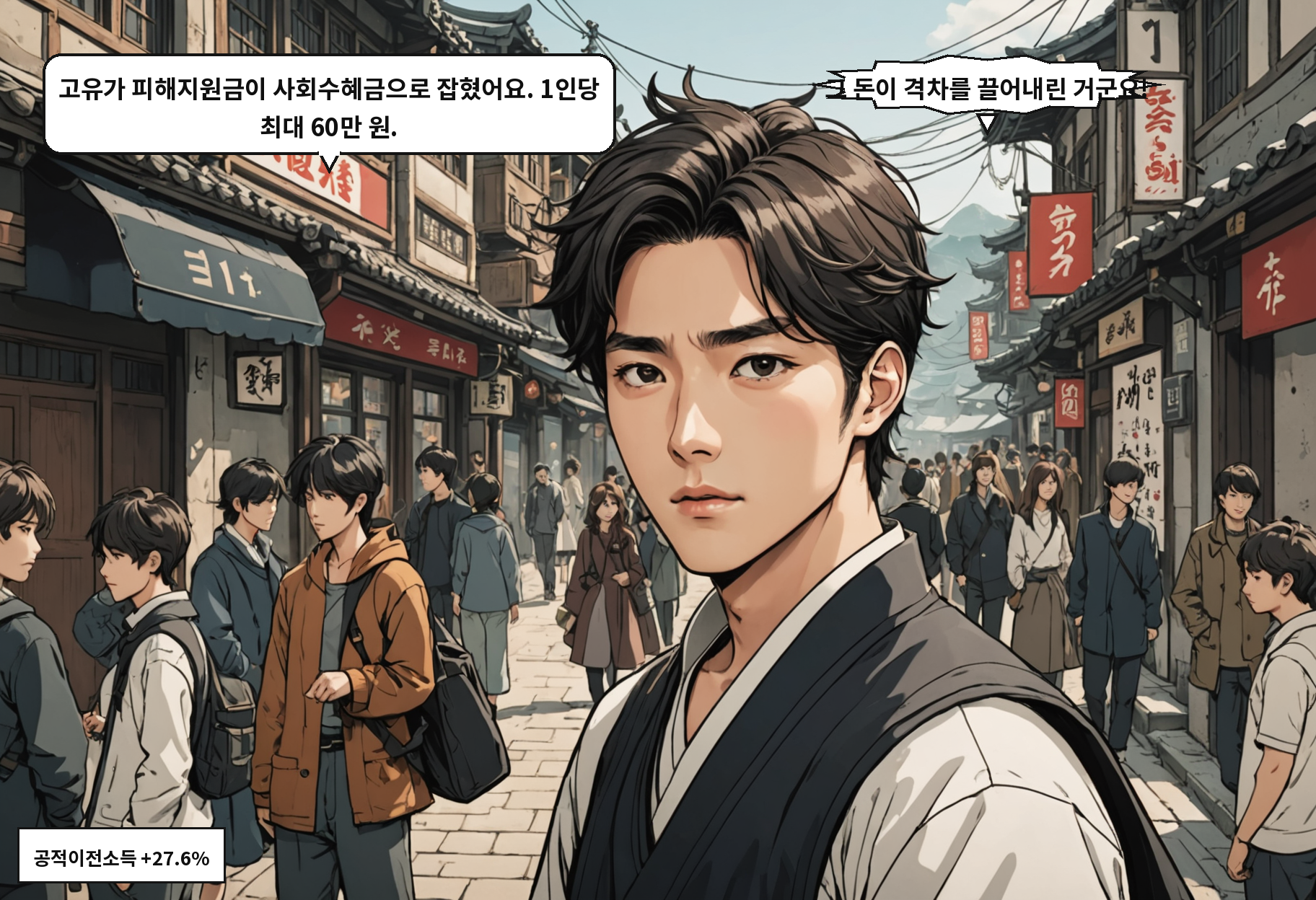 A: 고유가 피해지원금이 사회수혜금으로 잡혔어요. 1인당 최대 60만 원. B: 그 돈이 격차를 끌어내린 거군요!
