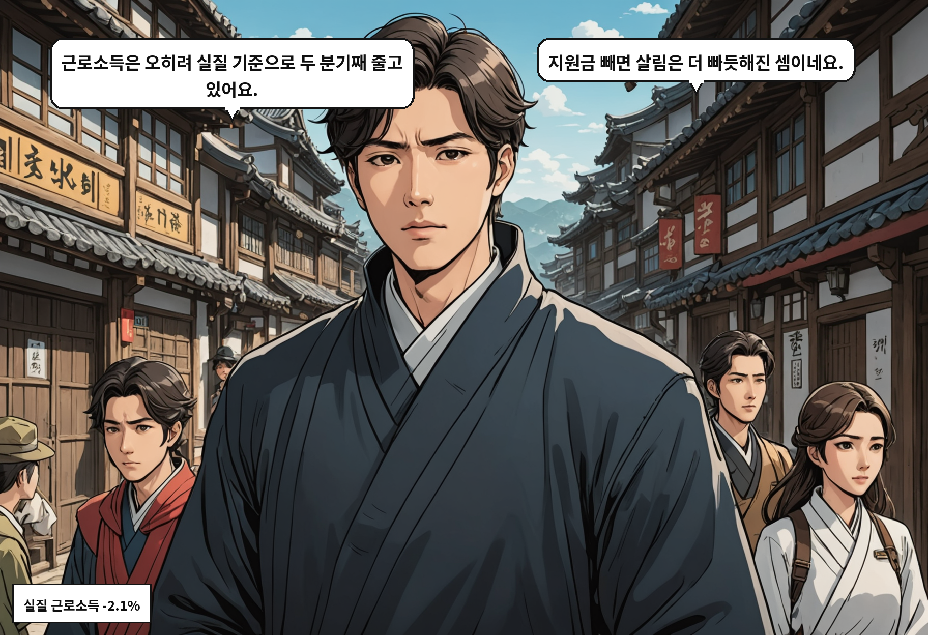 A: 근로소득은 오히려 실질 기준으로 두 분기째 줄고 있어요. B: 지원금 빼면 살림은 더 빠듯해진 셈이네요.