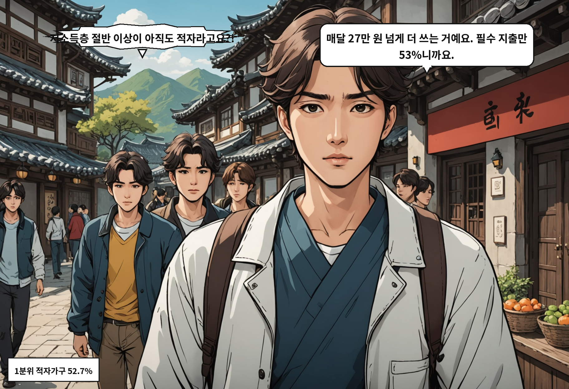 B: 저소득층 절반 이상이 아직도 적자라고요?! A: 매달 27만 원 넘게 더 쓰는 거예요. 필수 지출만 53%니까요.