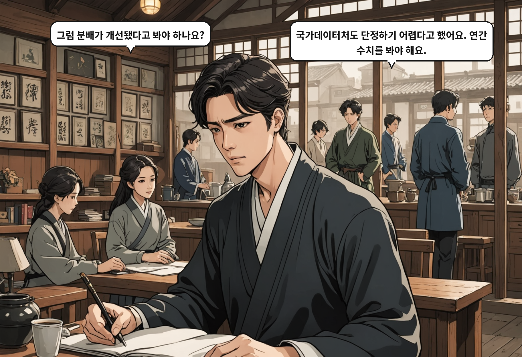 B: 그럼 분배가 개선됐다고 봐야 하나요? A: 국가데이터처도 단정하기 어렵다고 했어요. 연간 수치를 봐야 해요.