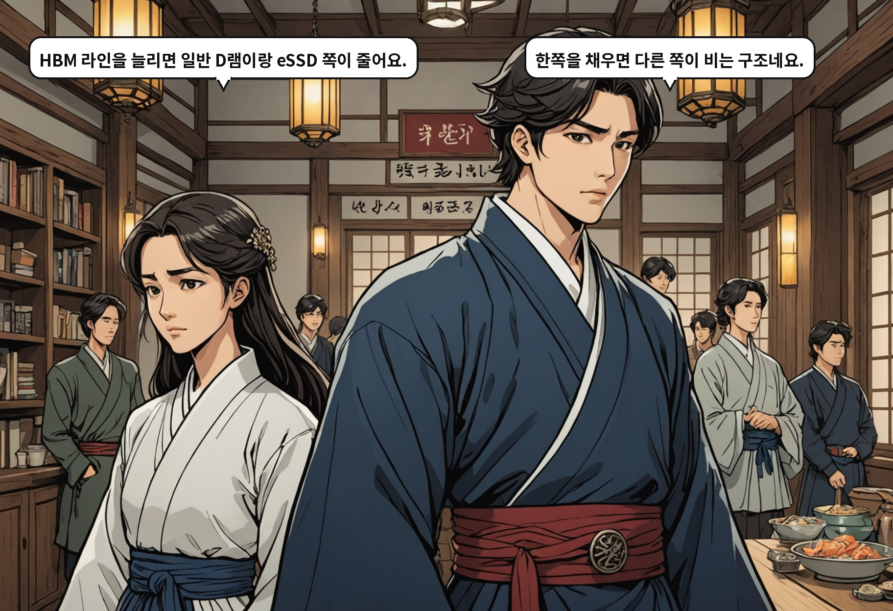 A: HBM 라인을 늘리면 일반 D램이랑 eSSD 쪽이 줄어요. B: 한쪽을 채우면 다른 쪽이 비는 구조네요.