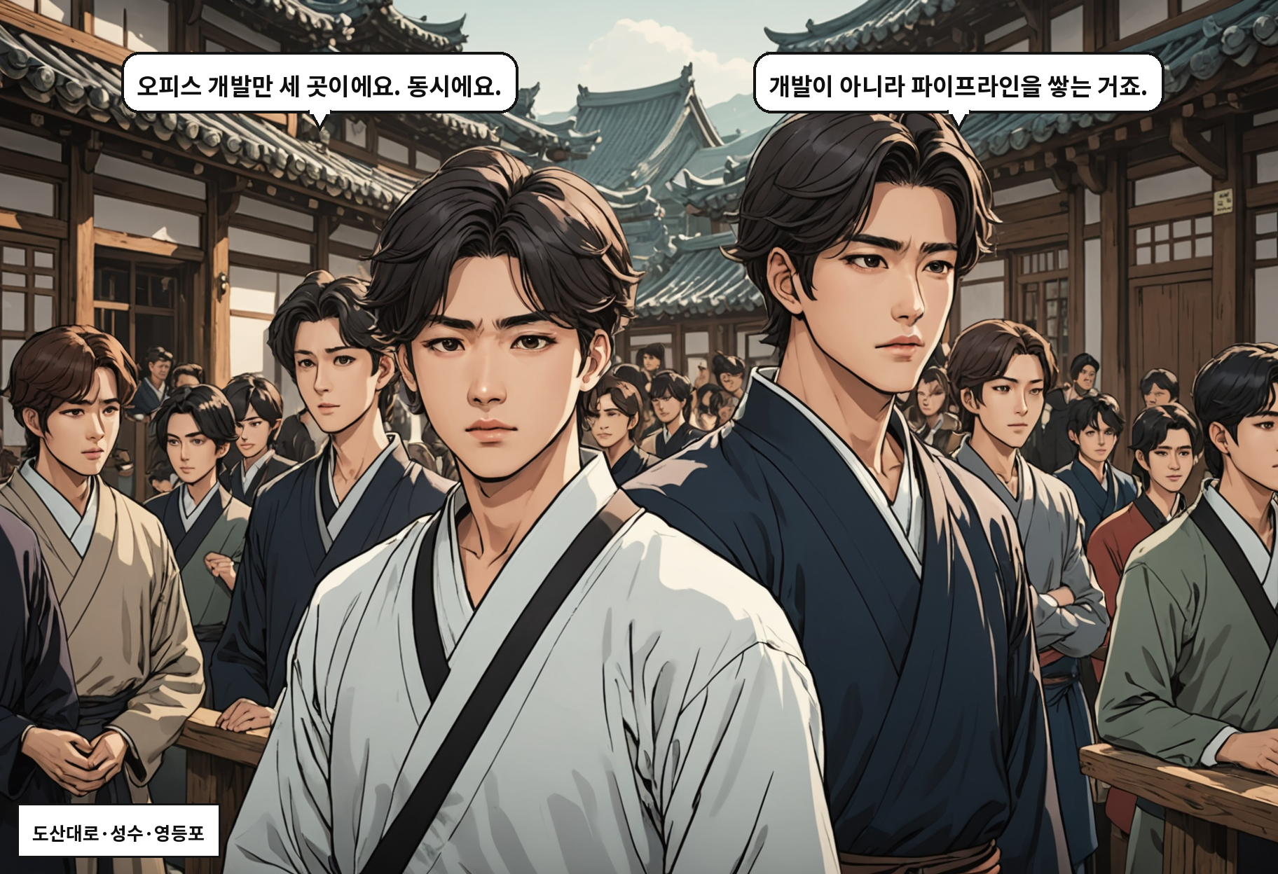 A: 오피스 개발만 세 곳이에요. 동시에요. B: 개발이 아니라 파이프라인을 쌓는 거죠.