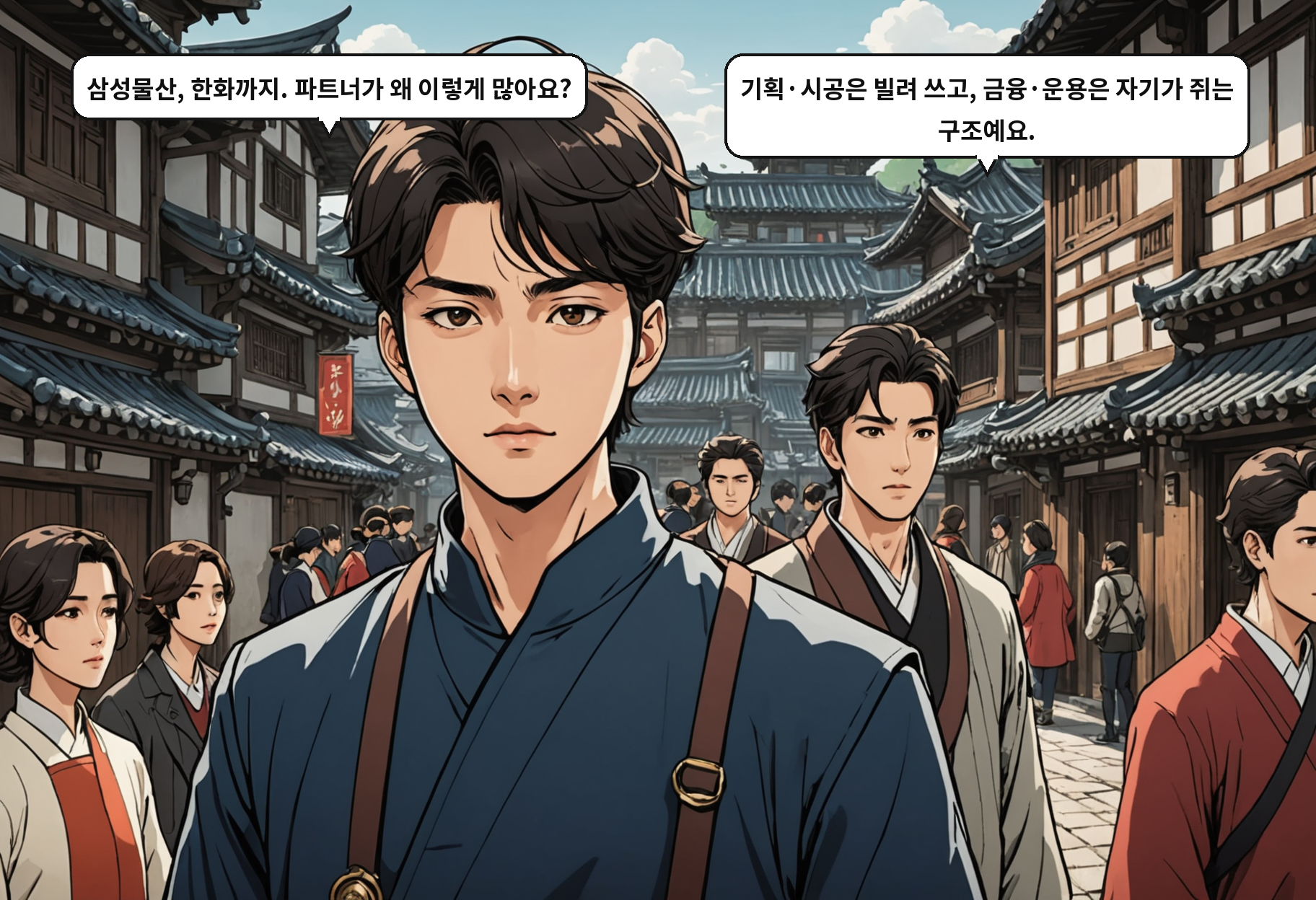 A: 삼성물산, 한화까지. 파트너가 왜 이렇게 많아요? B: 기획·시공은 빌려 쓰고, 금융·운용은 자기가 쥐는 구조예요.