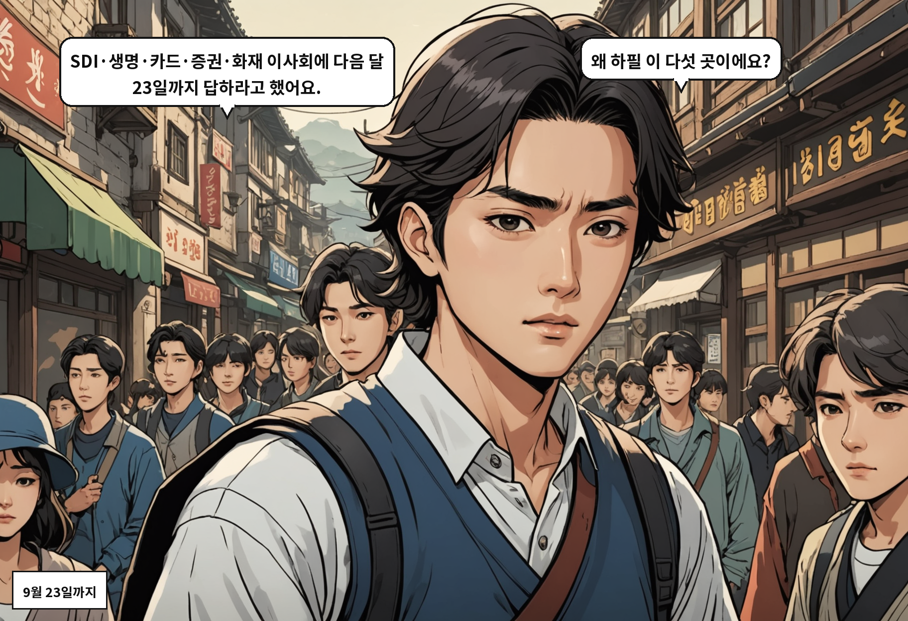 A: SDI·생명·카드·증권·화재 이사회에 다음 달 23일까지 답하라고 했어요. B: 왜 하필 이 다섯 곳이에요?
