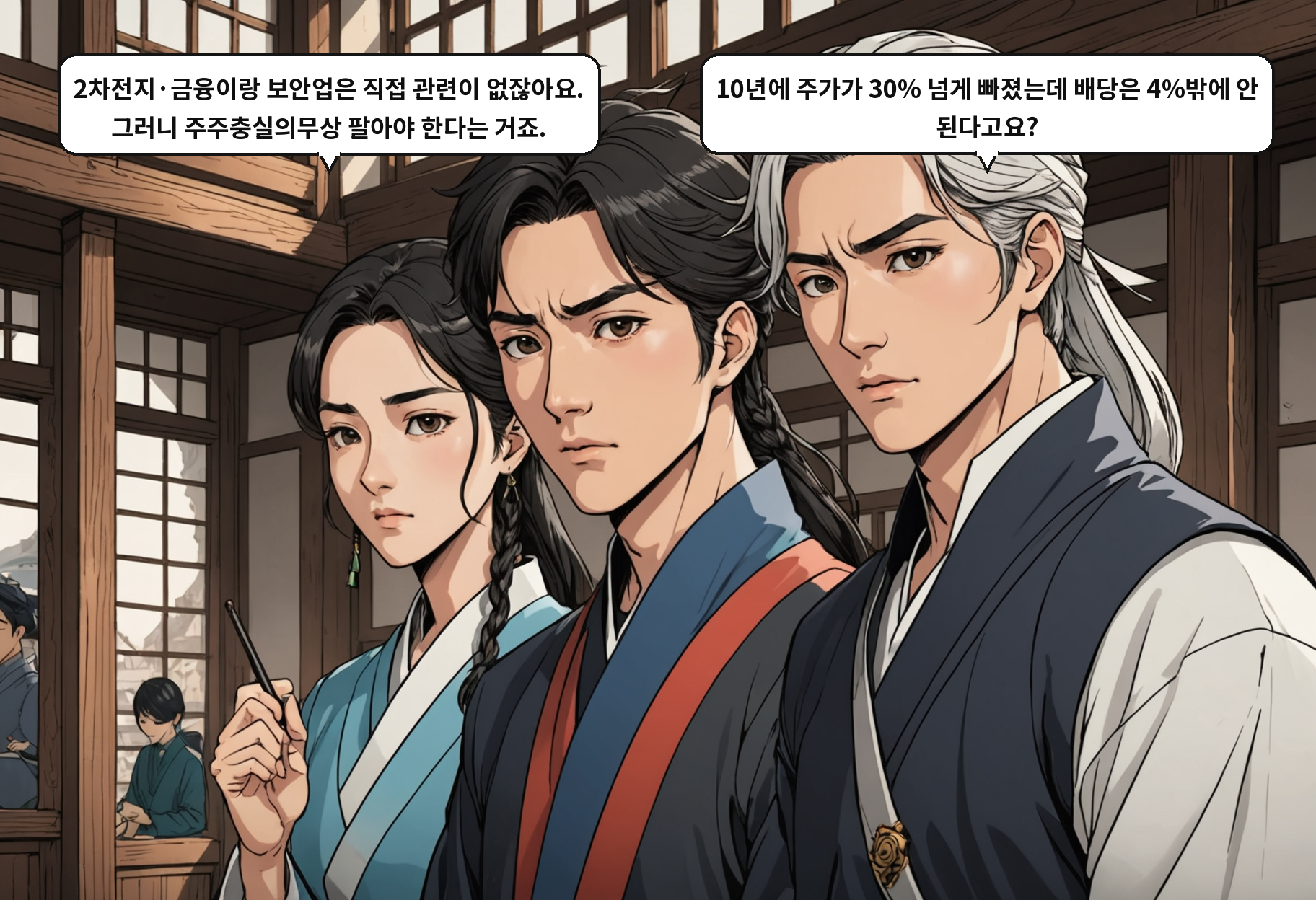 A: 2차전지·금융이랑 보안업은 직접 관련이 없잖아요. 그러니 주주충실의무상 팔아야 한다는 거죠. B: 10년에 주가가 30% 넘게 빠졌는데 배당은 4%밖에 안 된다고요?