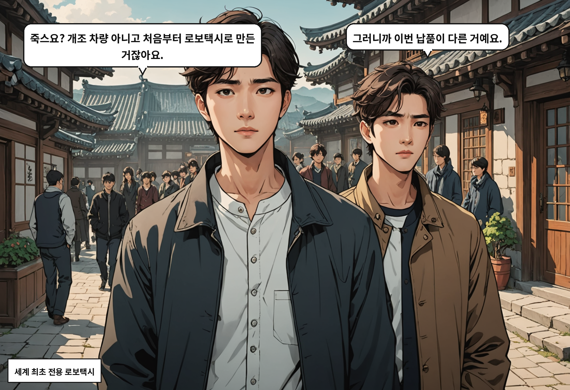 A: 죽스요? 개조 차량 아니고 처음부터 로보택시로 만든 거잖아요. B: 그러니까 이번 납품이 다른 거예요.