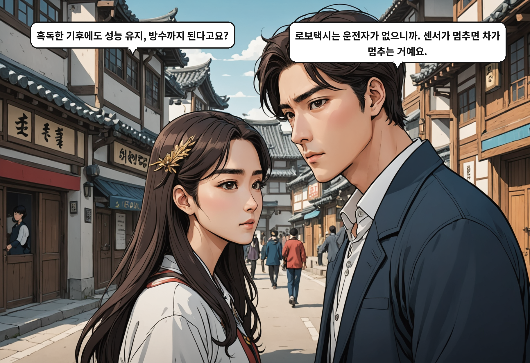 A: 혹독한 기후에도 성능 유지, 방수까지 된다고요? B: 로보택시는 운전자가 없으니까. 센서가 멈추면 차가 멈추는 거예요.