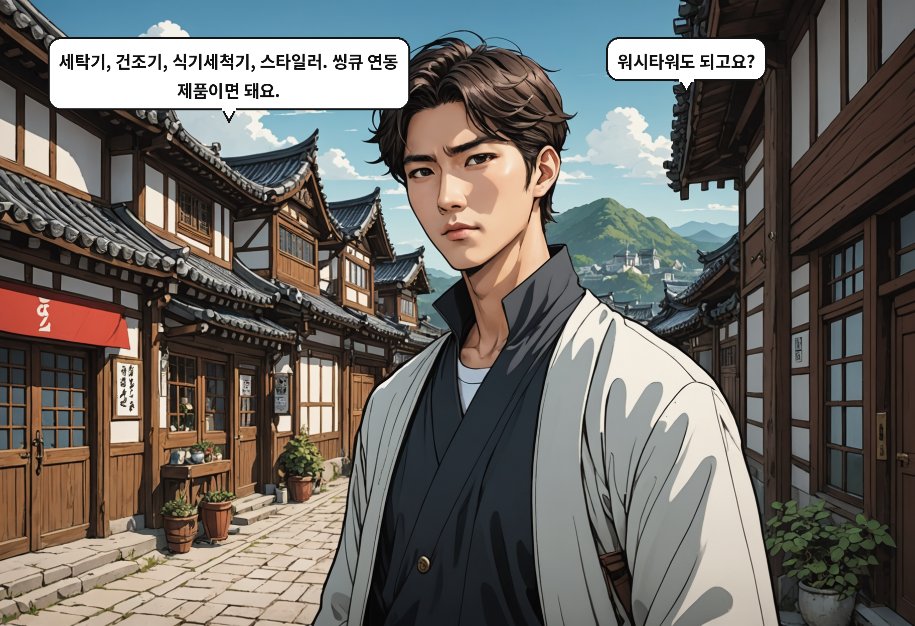 A: 세탁기, 건조기, 식기세척기, 스타일러. 씽큐 연동 제품이면 돼요. B: 워시타워도 되고요?