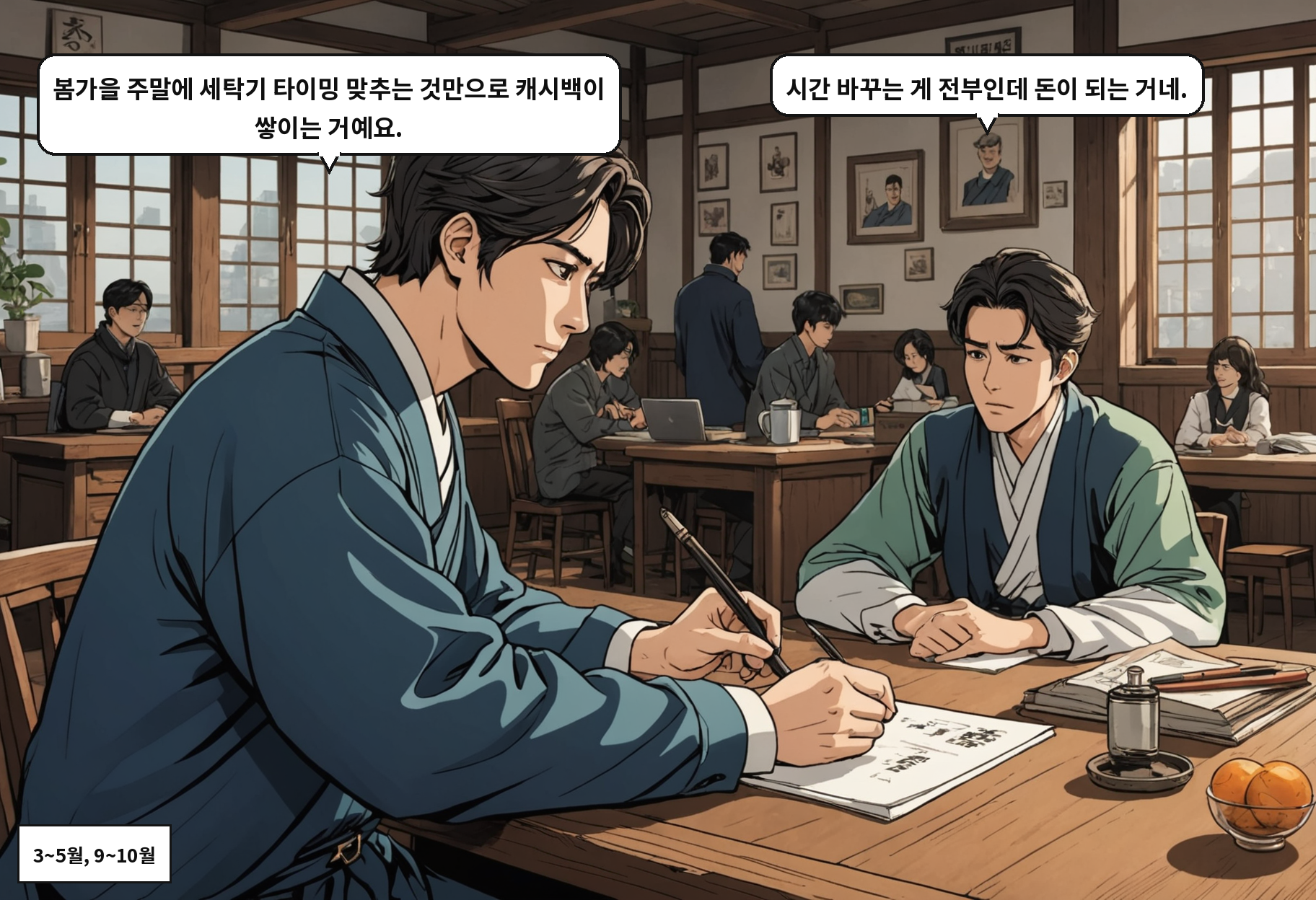 A: 봄가을 주말에 세탁기 타이밍 맞추는 것만으로 캐시백이 쌓이는 거예요. B: 시간 바꾸는 게 전부인데 돈이 되는 거네.