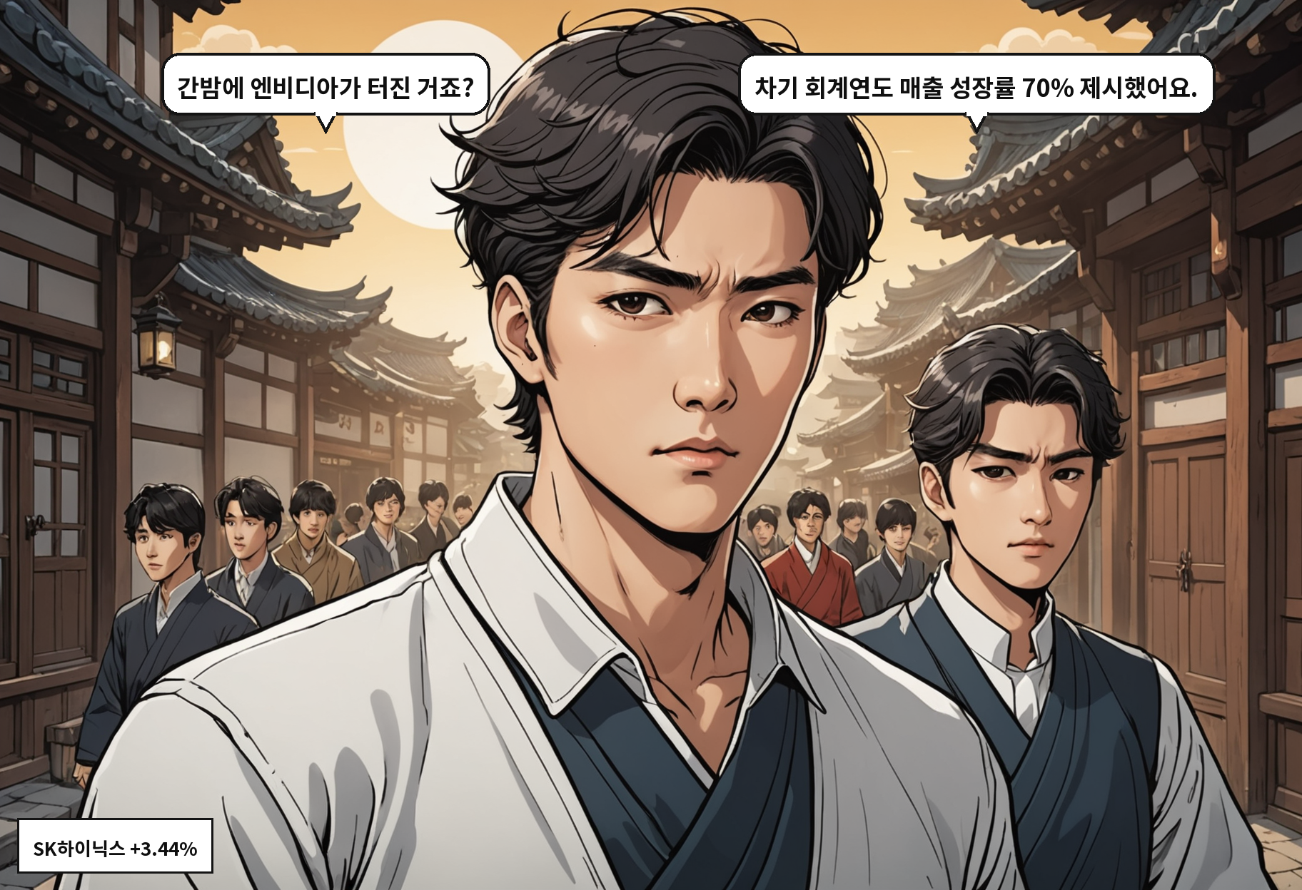 B: 간밤에 엔비디아가 터진 거죠? A: 차기 회계연도 매출 성장률 70% 제시했어요.
