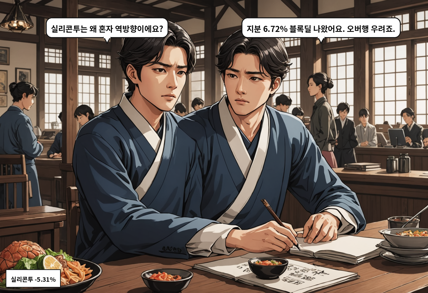 B: 실리콘투는 왜 혼자 역방향이에요? A: 지분 6.72% 블록딜 나왔어요. 오버행 우려죠.