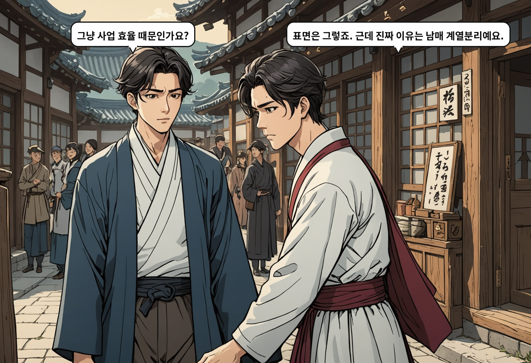 A: 그냥 사업 효율 때문인가요? B: 표면은 그렇죠. 근데 진짜 이유는 남매 계열분리예요.