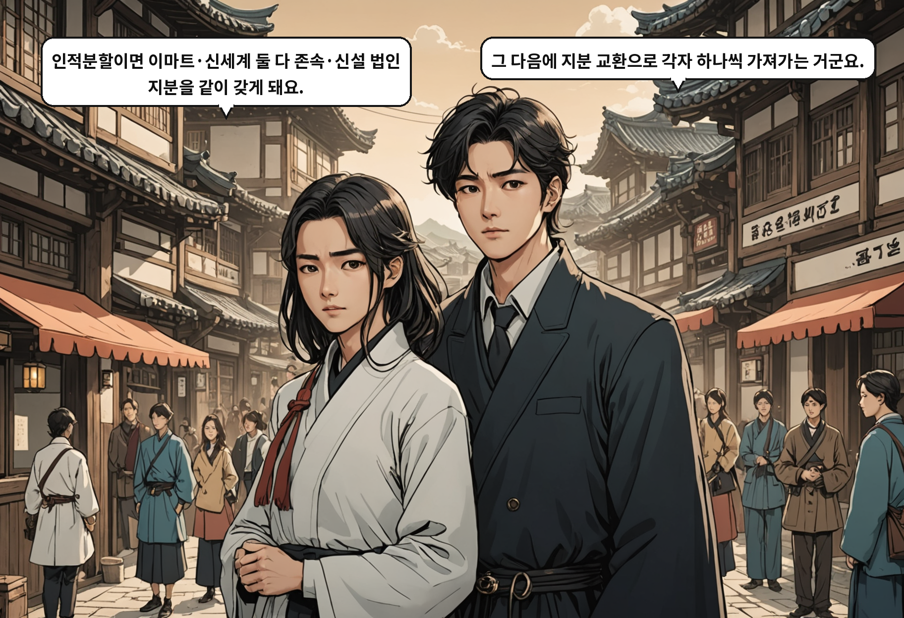 B: 인적분할이면 이마트·신세계 둘 다 존속·신설 법인 지분을 같이 갖게 돼요. A: 그 다음에 지분 교환으로 각자 하나씩 가져가는 거군요.