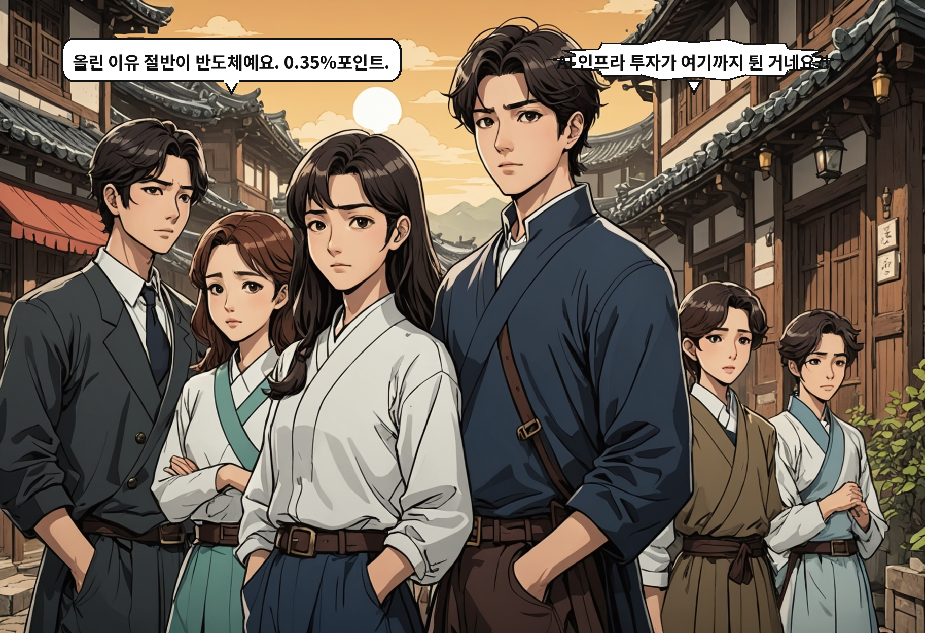 B: 올린 이유 절반이 반도체예요. 0.35%포인트. A: AI 인프라 투자가 여기까지 튄 거네요?!