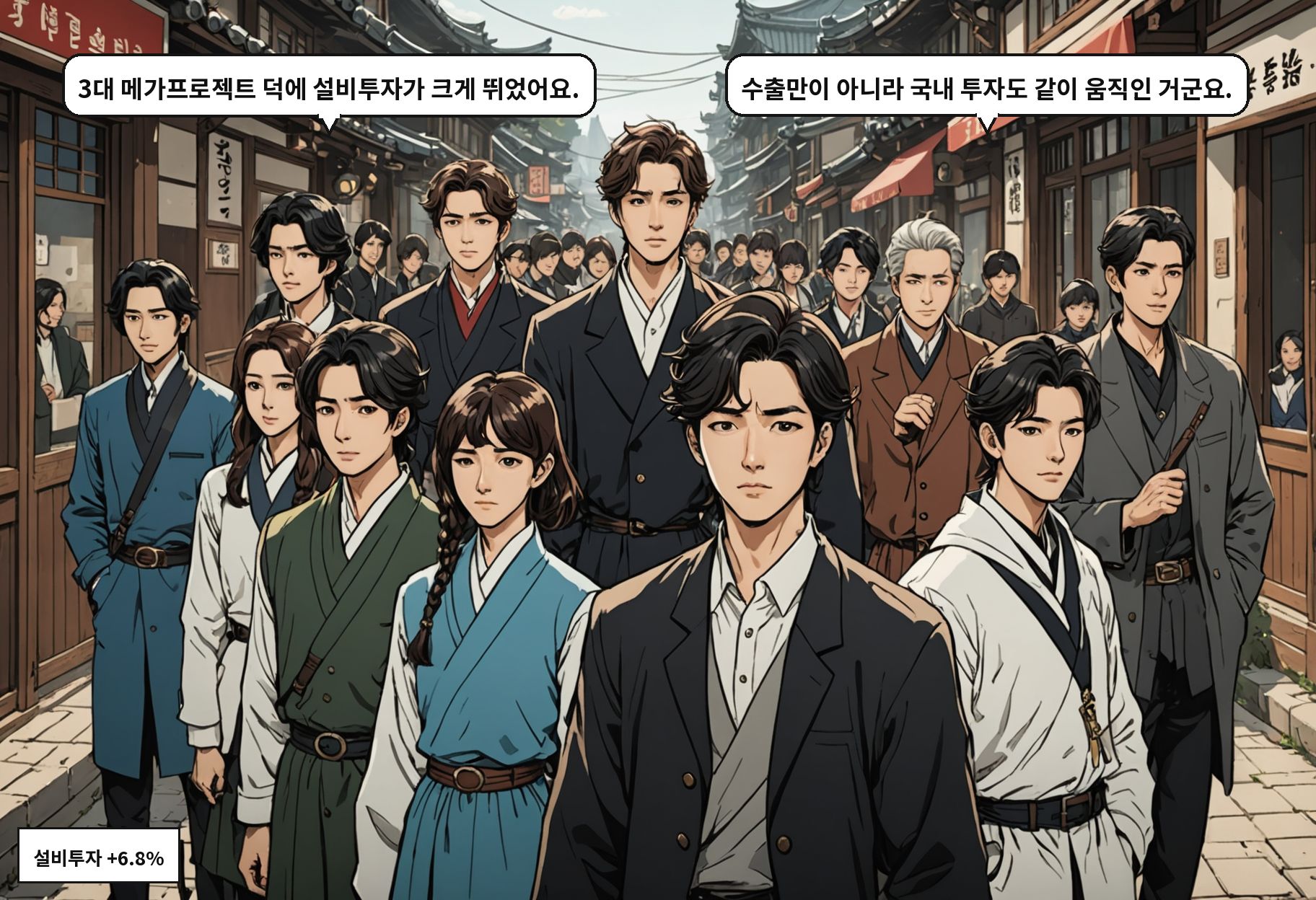 B: 3대 메가프로젝트 덕에 설비투자가 크게 뛰었어요. A: 수출만이 아니라 국내 투자도 같이 움직인 거군요.