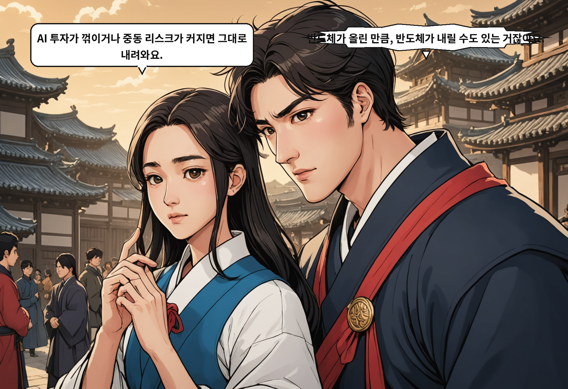 B: AI 투자가 꺾이거나 중동 리스크가 커지면 그대로 내려와요. A: 반도체가 올린 만큼, 반도체가 내릴 수도 있는 거잖아요.
