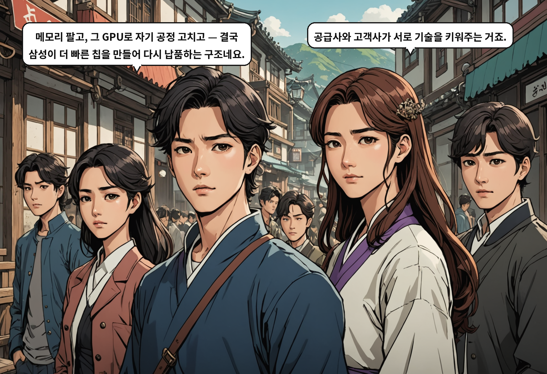 A: 메모리 팔고, 그 GPU로 자기 공정 고치고 — 결국 삼성이 더 빠른 칩을 만들어 다시 납품하는 구조네요. B: 공급사와 고객사가 서로 기술을 키워주는 거죠.
