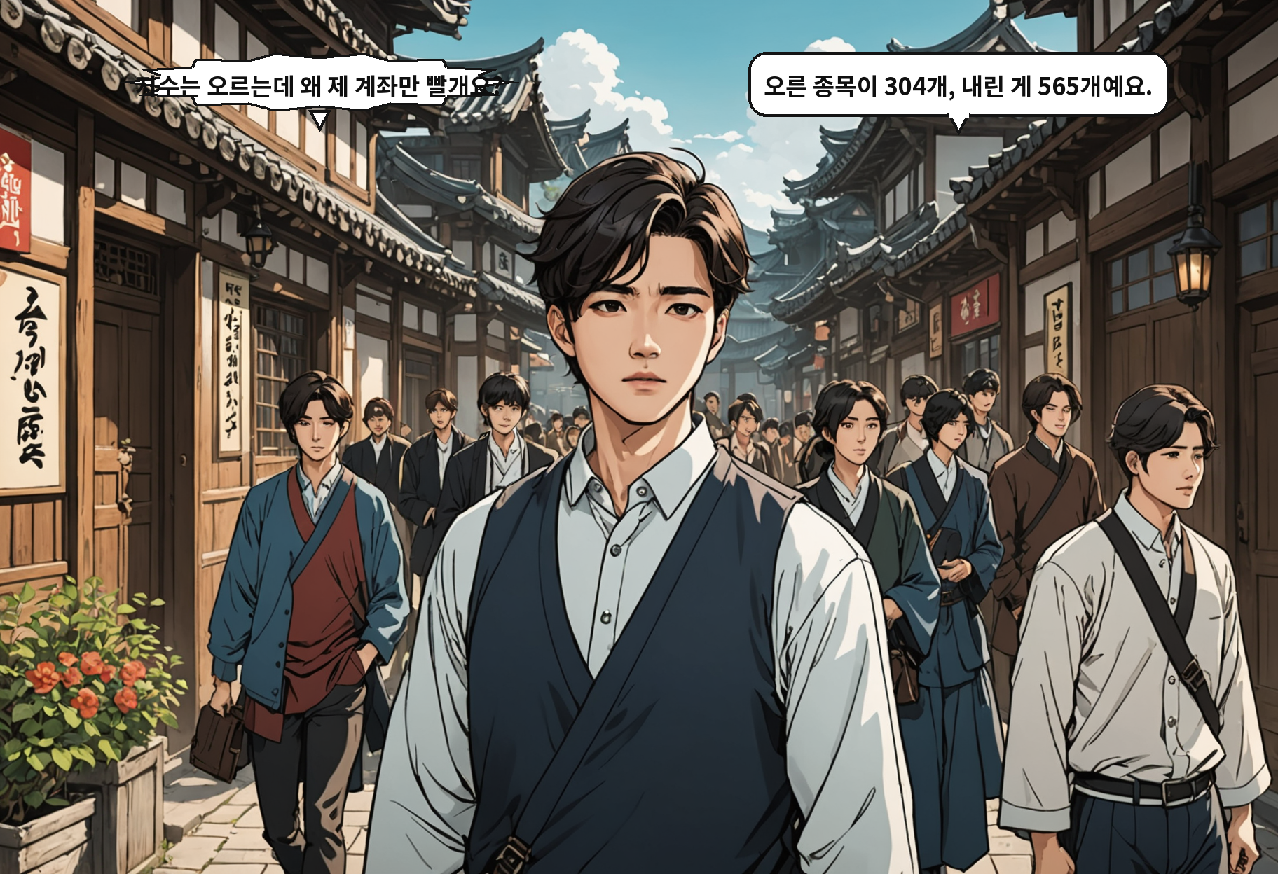 B: 지수는 오르는데 왜 제 계좌만 빨개요? A: 오른 종목이 304개, 내린 게 565개예요.
