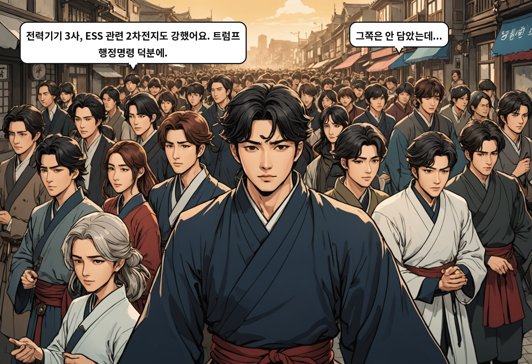 A: 전력기기 3사, ESS 관련 2차전지도 강했어요. 트럼프 행정명령 덕분에. B: 그쪽은 안 담았는데...