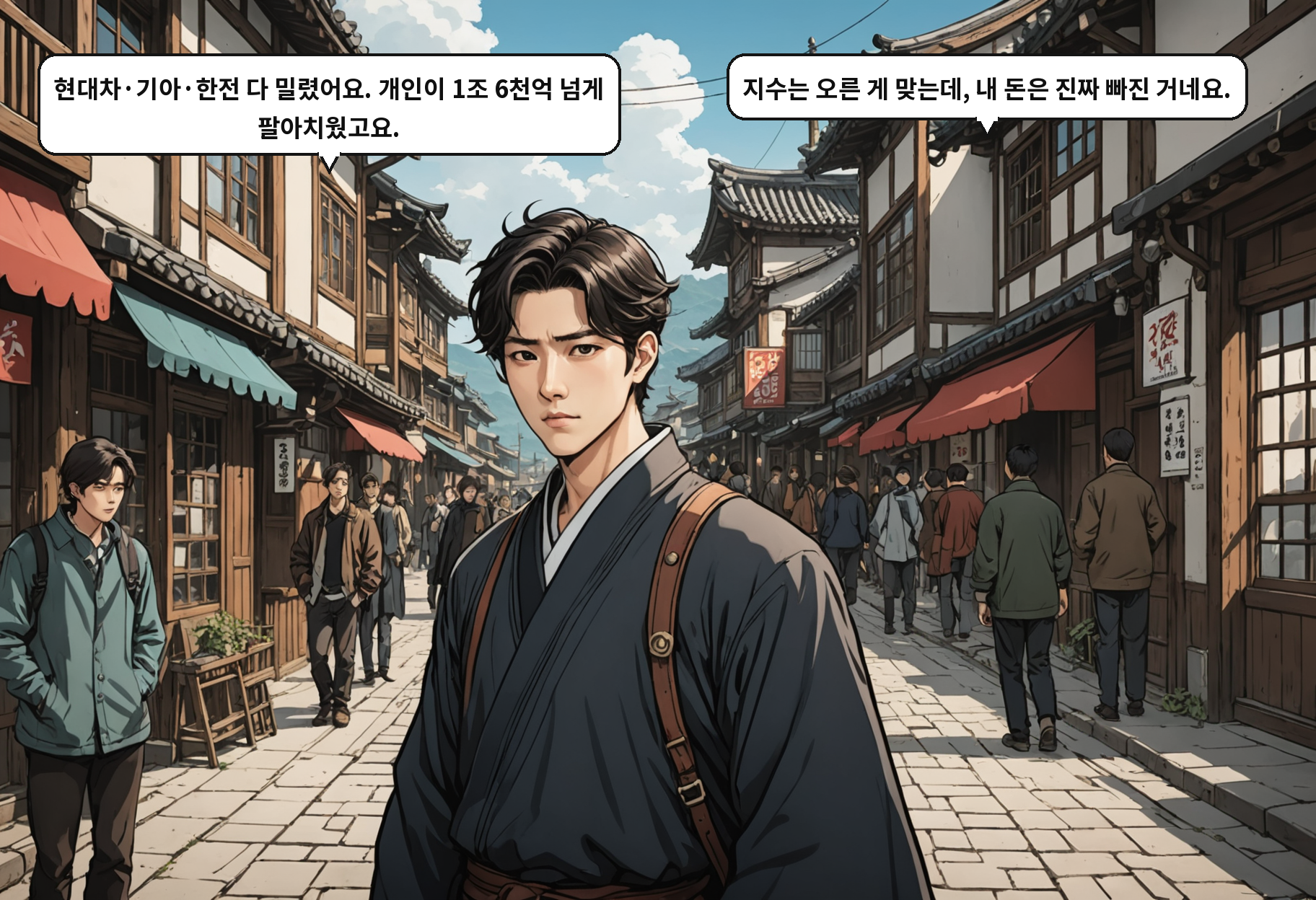 A: 현대차·기아·한전 다 밀렸어요. 개인이 1조 6천억 넘게 팔아치웠고요. B: 지수는 오른 게 맞는데, 내 돈은 진짜 빠진 거네요.