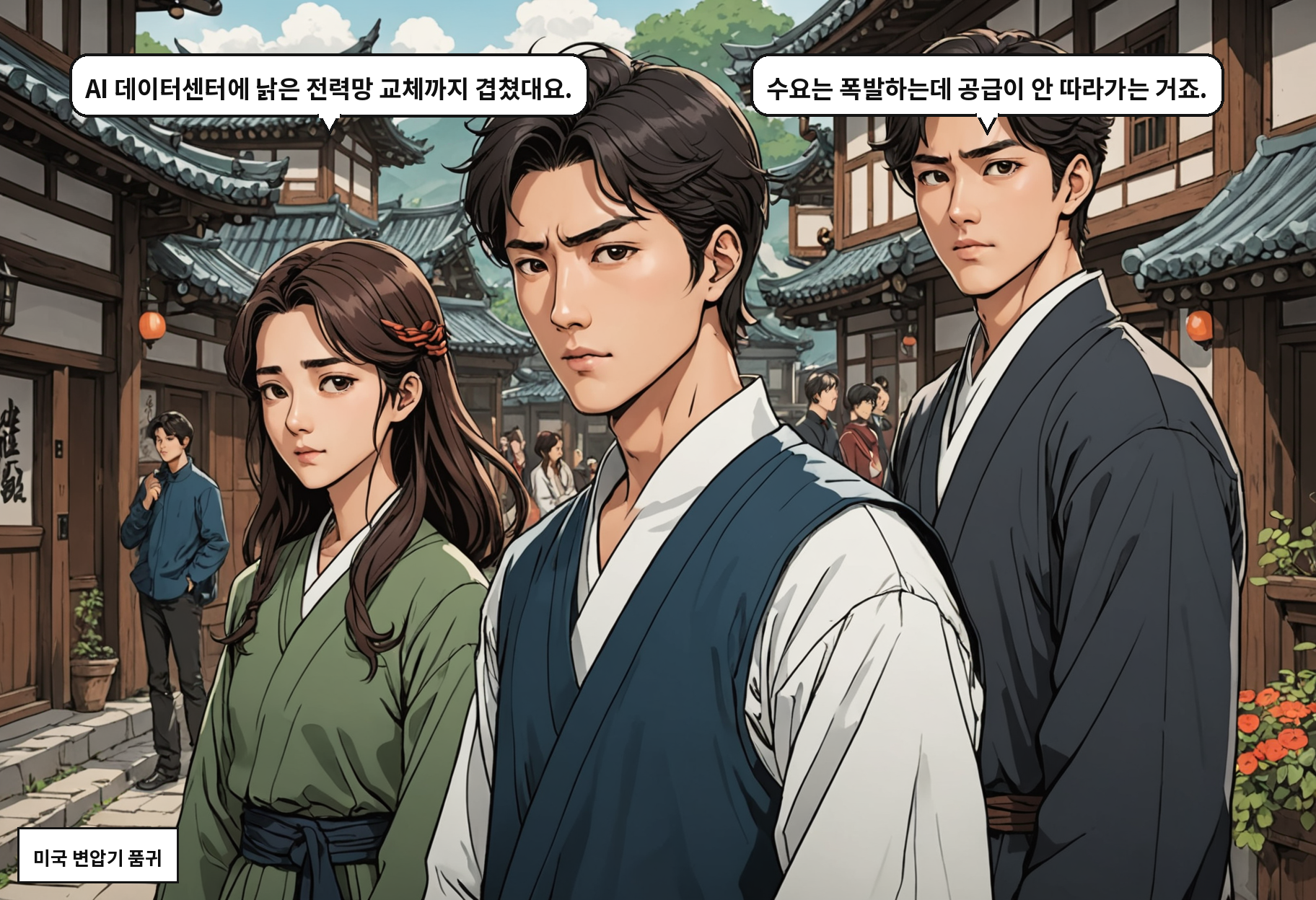 A: AI 데이터센터에 낡은 전력망 교체까지 겹쳤대요. B: 수요는 폭발하는데 공급이 안 따라가는 거죠.