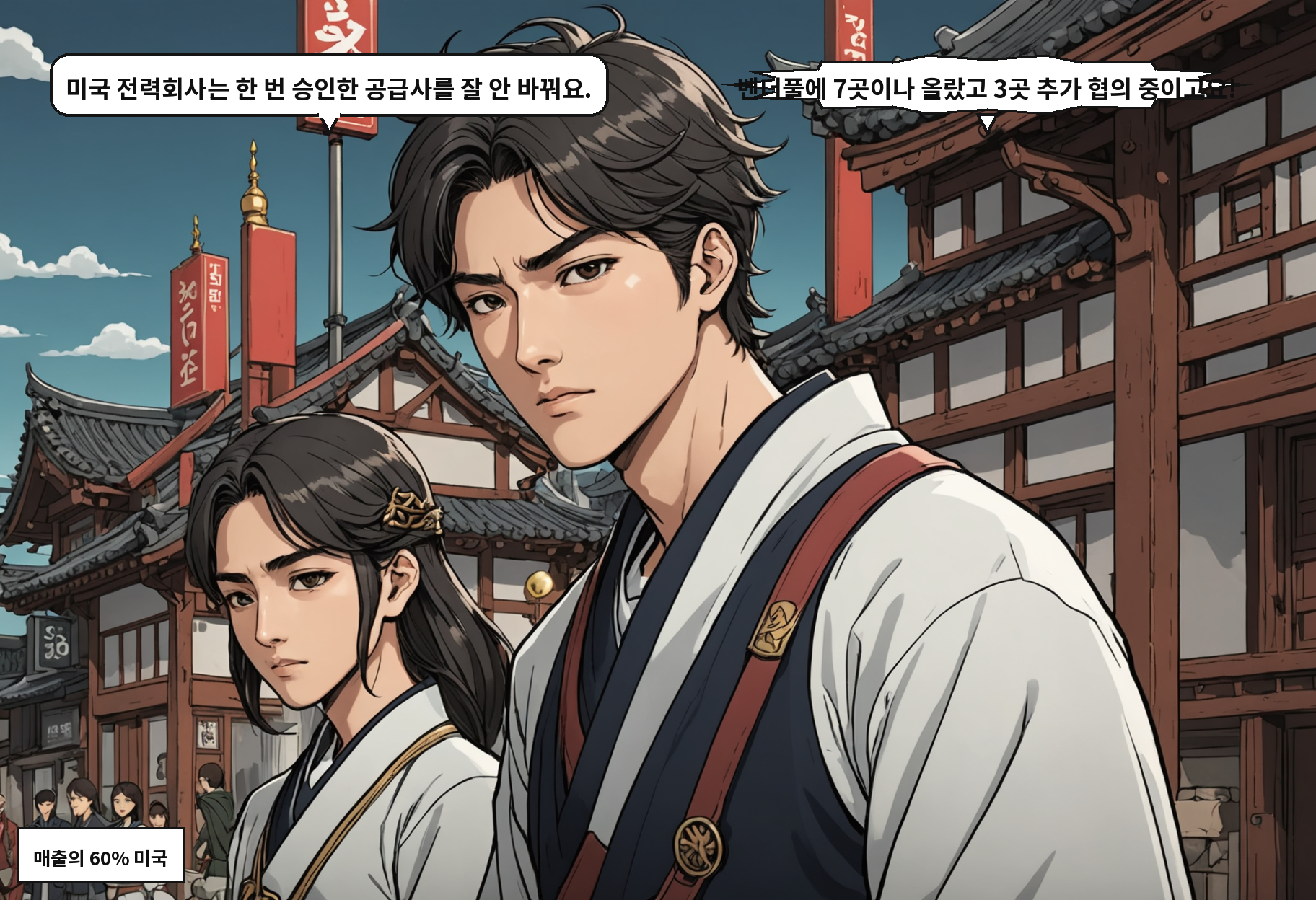 B: 미국 전력회사는 한 번 승인한 공급사를 잘 안 바꿔요. A: 벤더풀에 7곳이나 올랐고 3곳 추가 협의 중이고요!