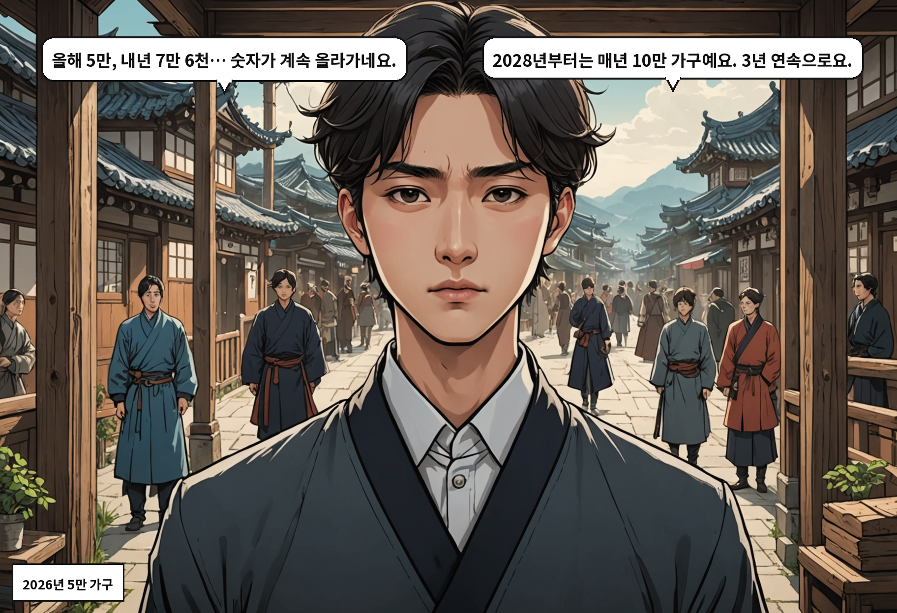 B: 올해 5만, 내년 7만 6천… 숫자가 계속 올라가네요. A: 2028년부터는 매년 10만 가구예요. 3년 연속으로요.