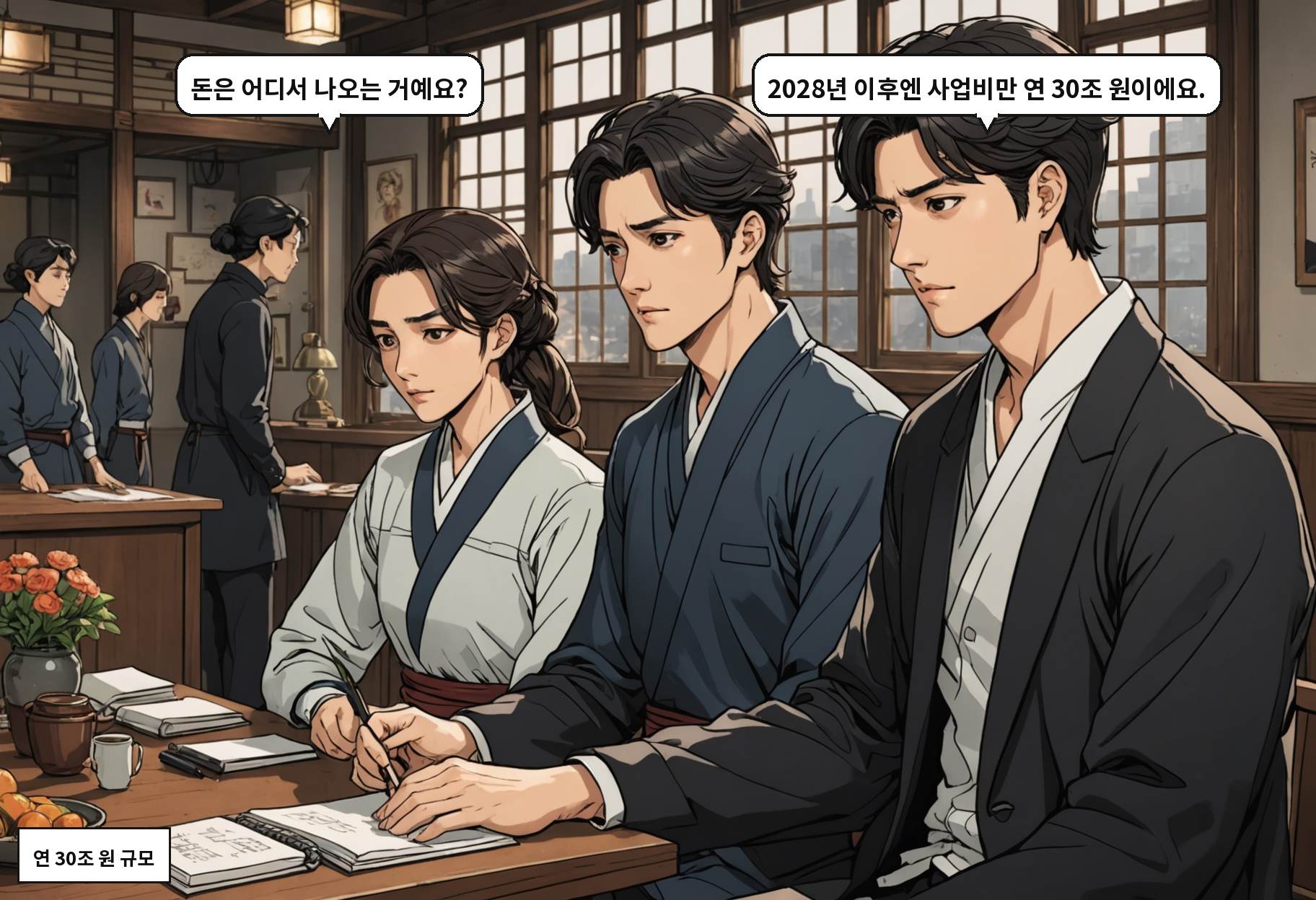 B: 돈은 어디서 나오는 거예요? A: 2028년 이후엔 사업비만 연 30조 원이에요.