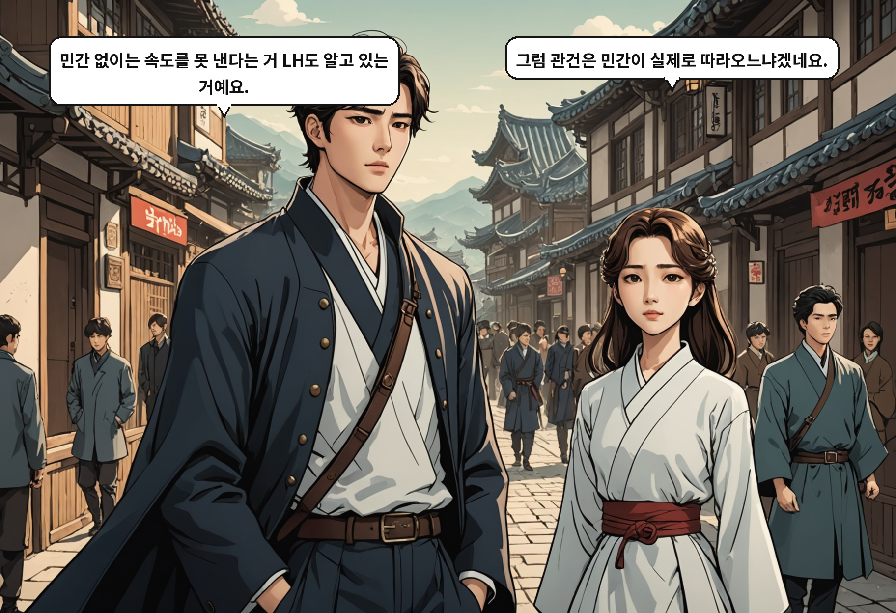 A: 민간 없이는 속도를 못 낸다는 거 LH도 알고 있는 거예요. B: 그럼 관건은 민간이 실제로 따라오느냐겠네요.